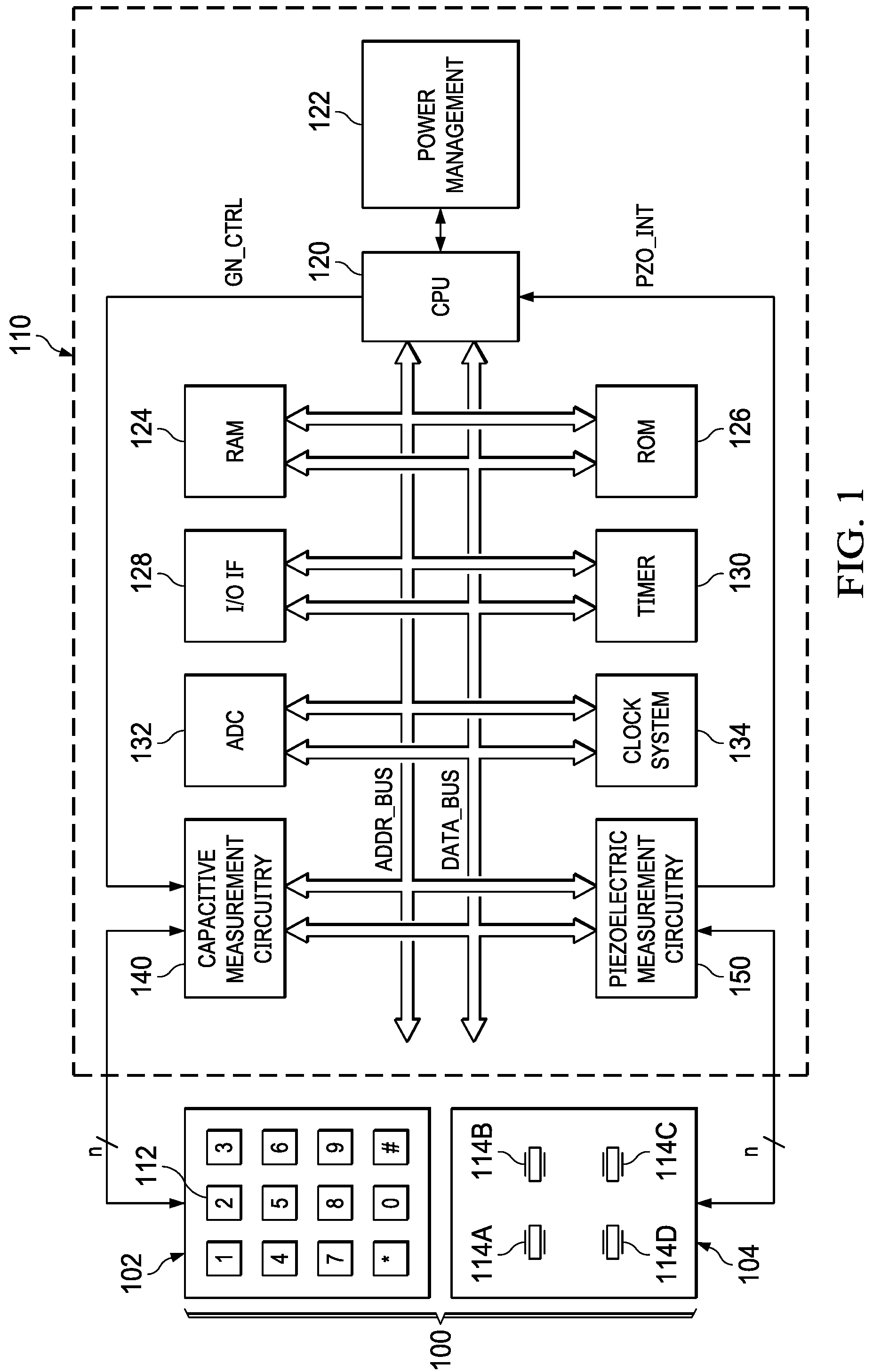 Patent US11775120 Figure 1 – Combined capacitive and piezoelectric sensing in a human machine interface