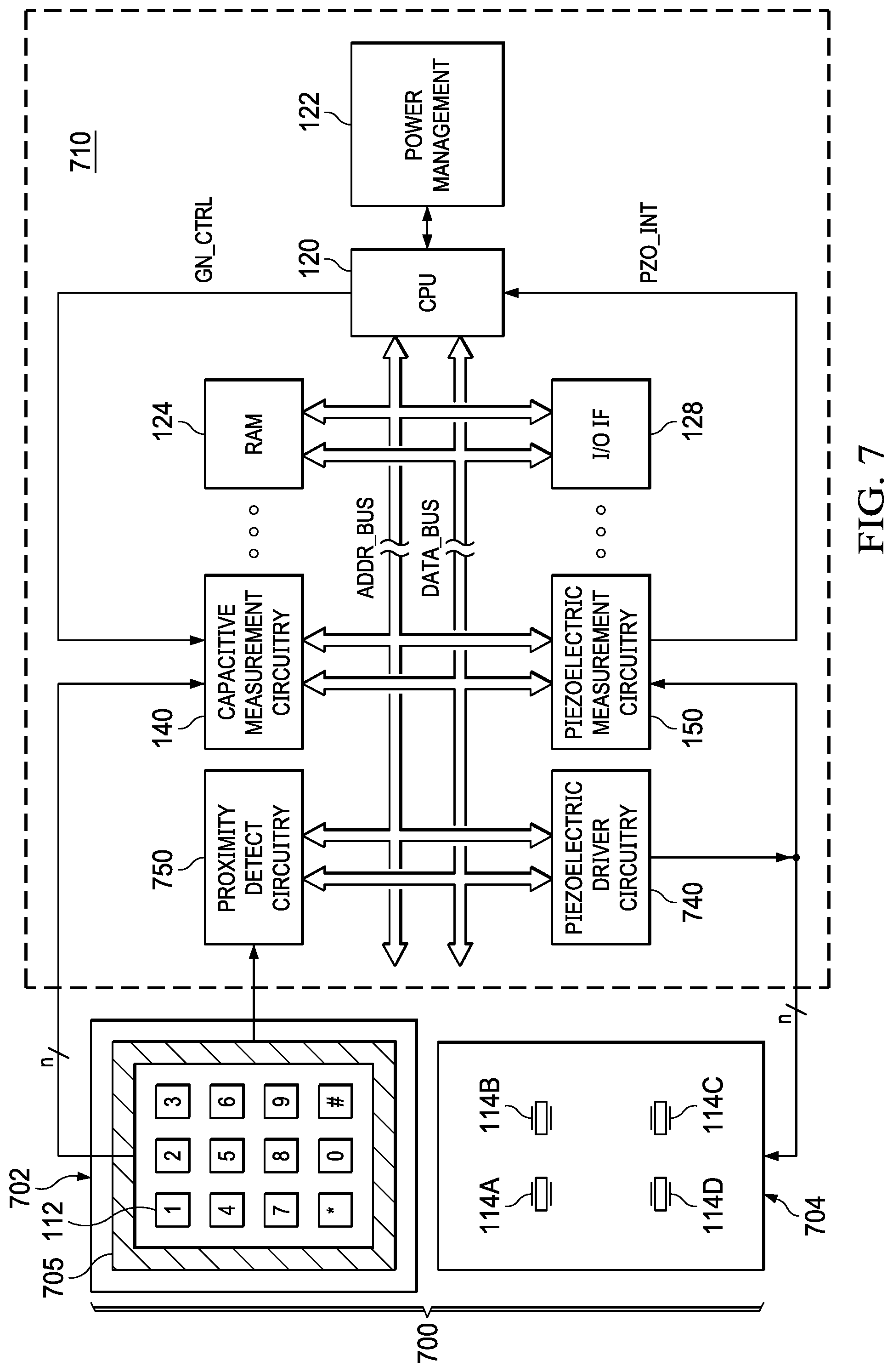 Patent US11775120 Figure 7 – Combined capacitive and piezoelectric sensing in a human machine interface