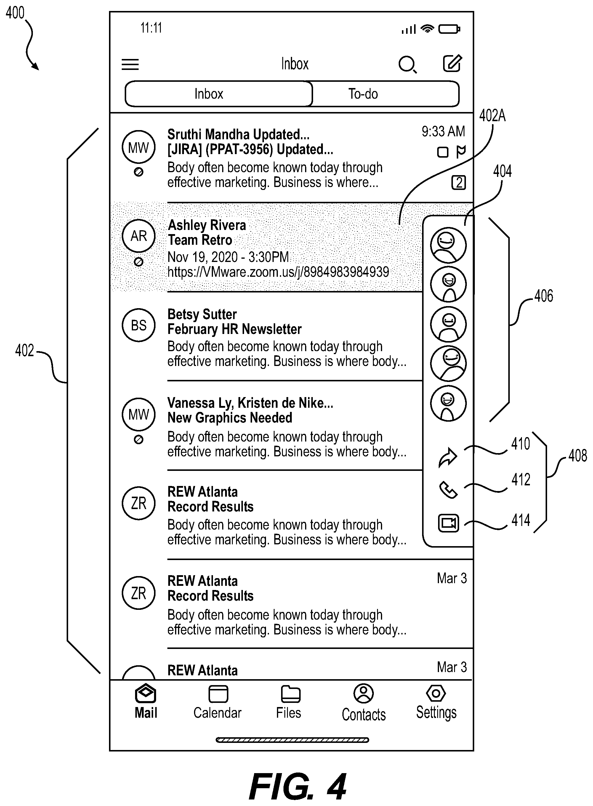 Patent US11775138 Figure 4 – Email assistant options bar for email applications