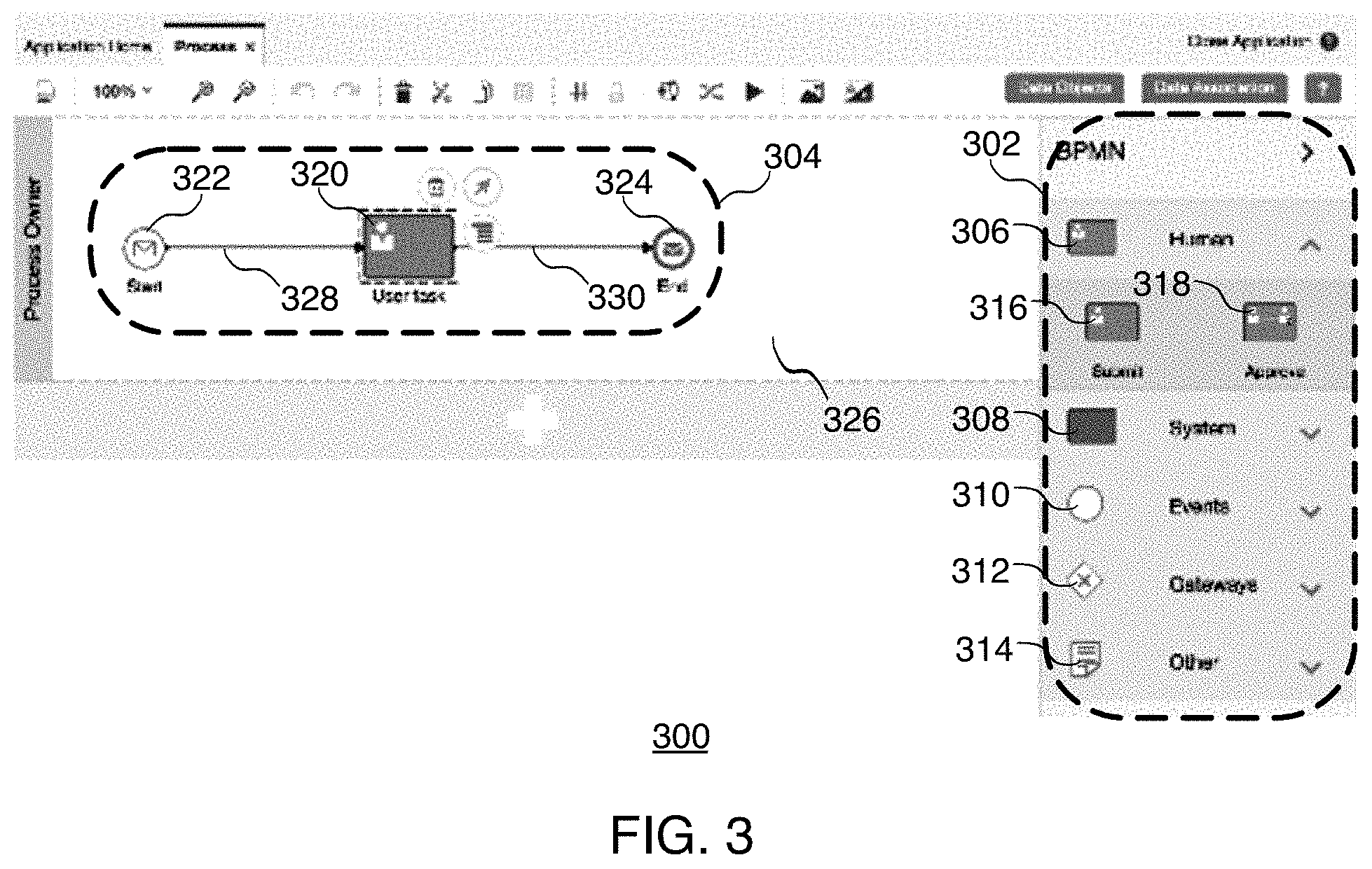 Patent US11775261 Figure 3 – Dynamic process model palette