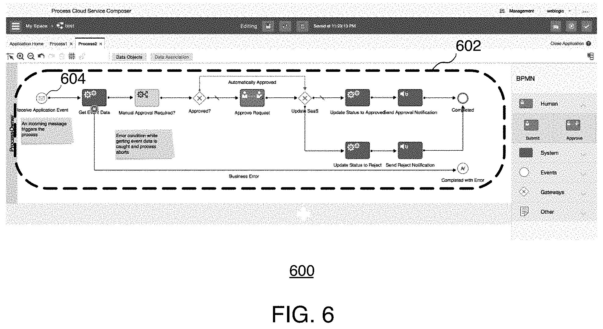 Patent US11775261 Figure 6 – Dynamic process model palette