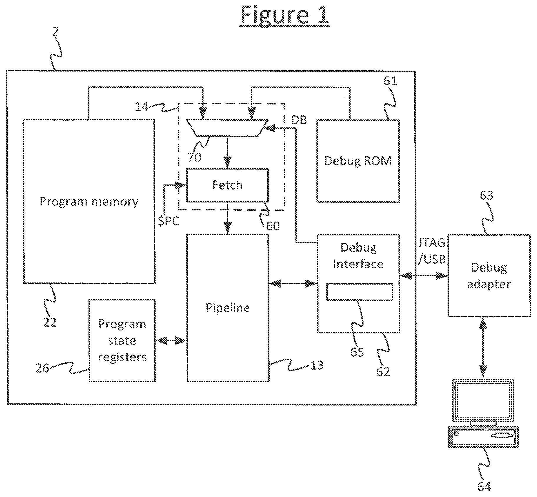 Patent US11775415 — Debugging instruction register to receive and input debugging instructions to a processor for a thread of execution in a debug mode — Figure 1