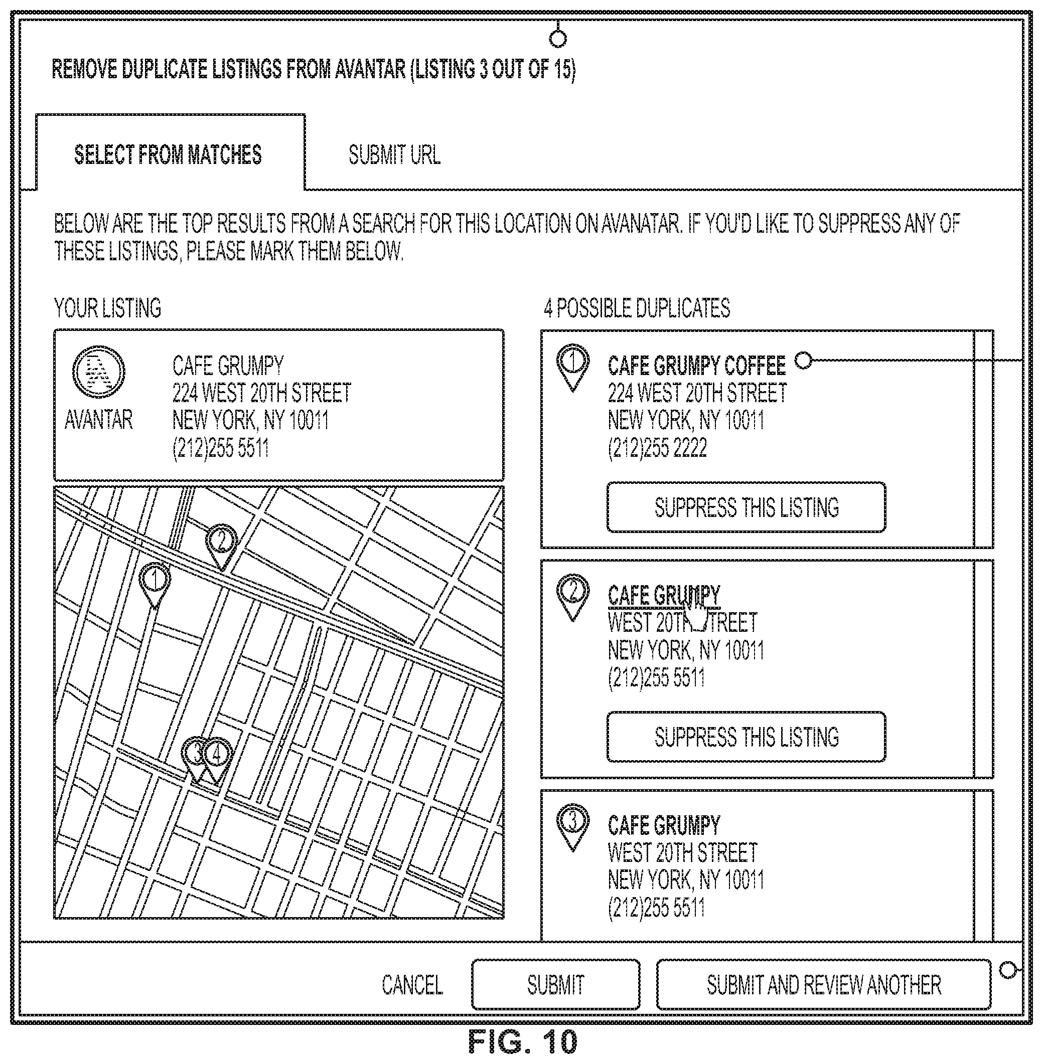 Patent US11775603 Figure 15 – Suppressing a duplicate listing from search results generated by a provider system