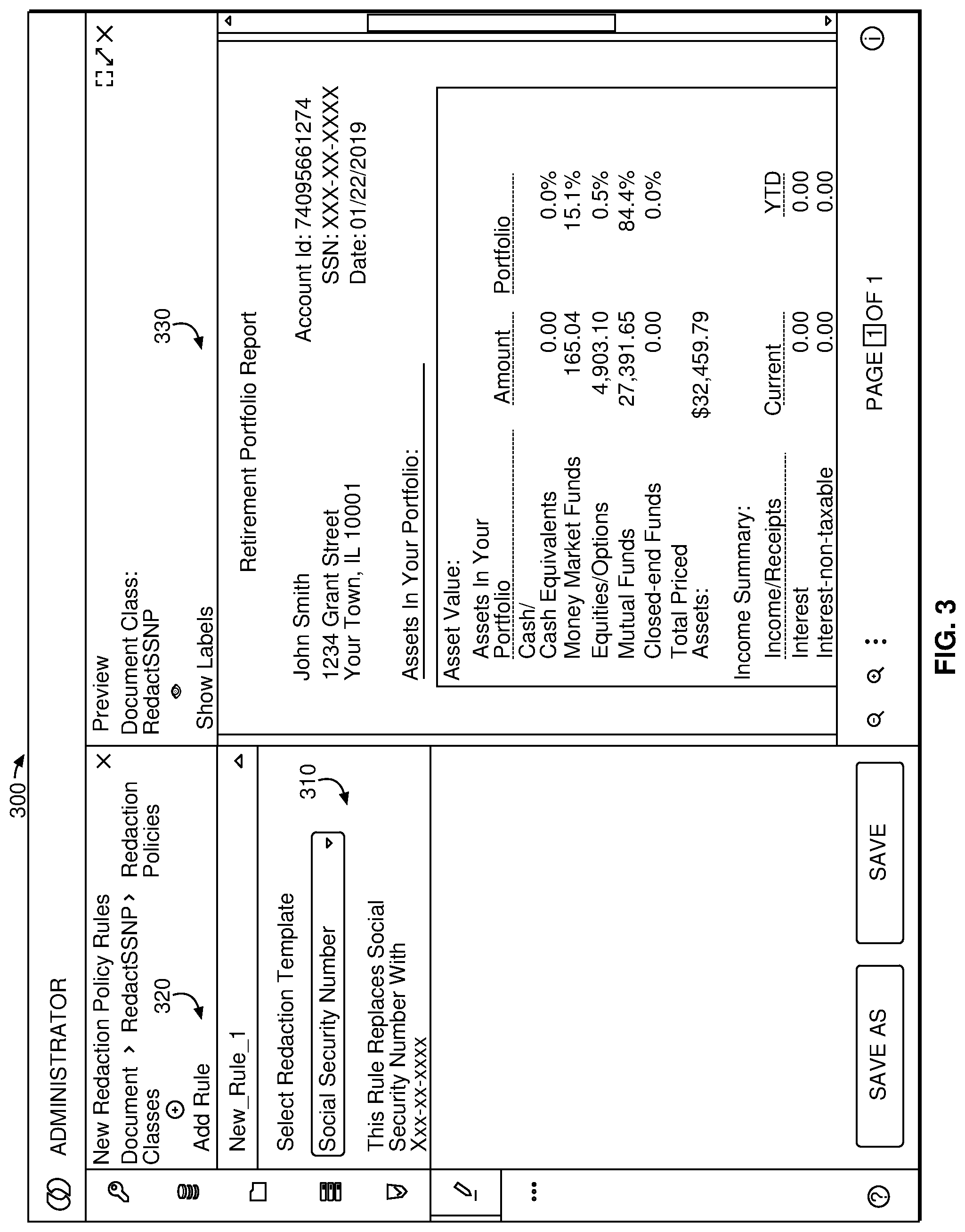 Patent US11775666 Figure 3 – Federated redaction of select content in documents stored across multiple repositories