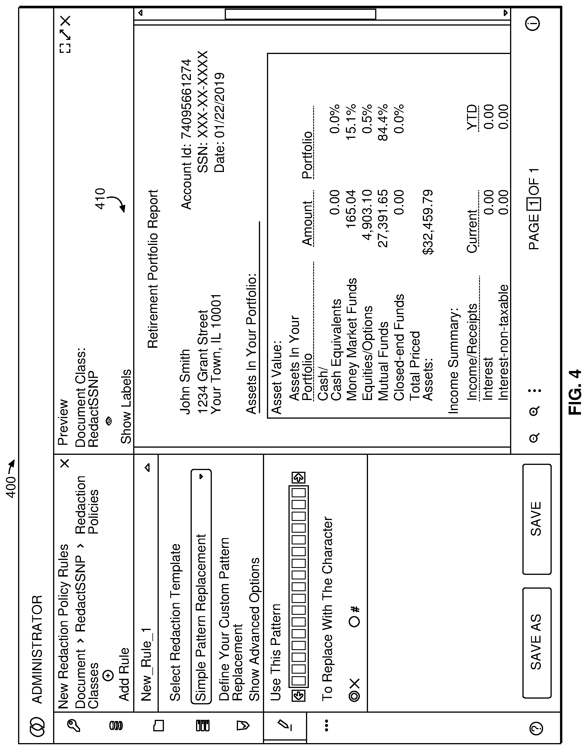 Patent US11775666 Figure 4 – Federated redaction of select content in documents stored across multiple repositories