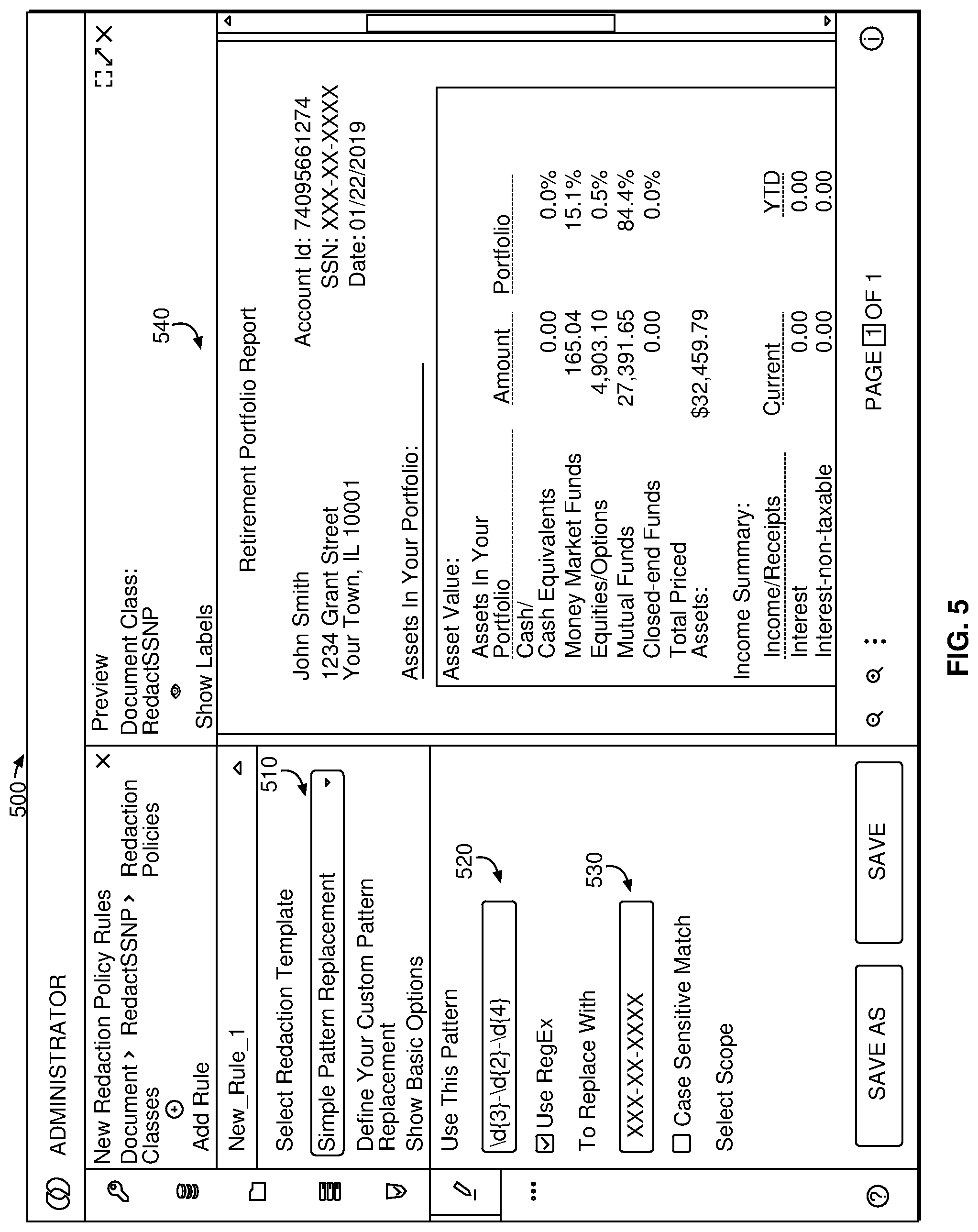 Patent US11775666 Figure 5 – Federated redaction of select content in documents stored across multiple repositories