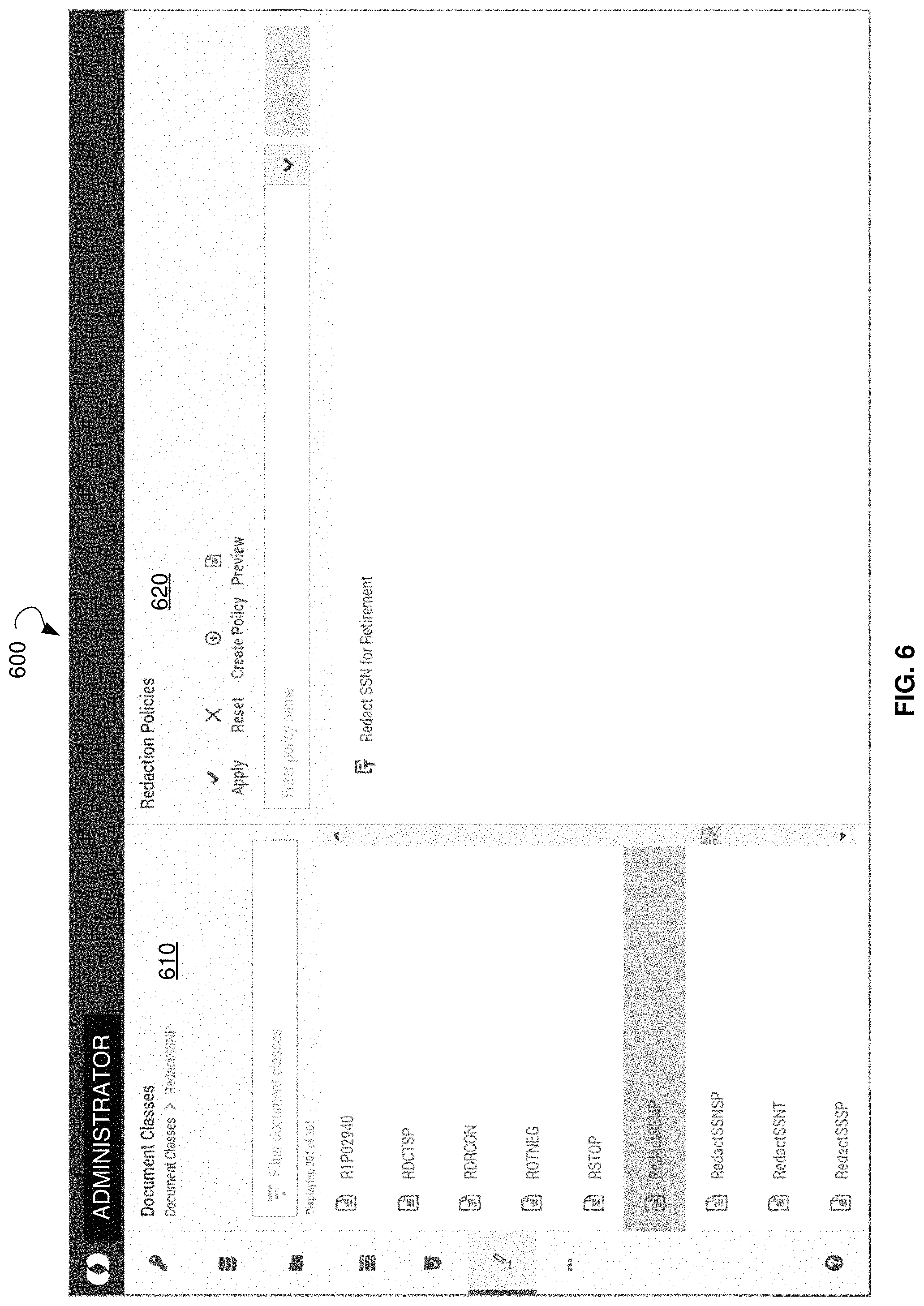 Patent US11775666 Figure 6 – Federated redaction of select content in documents stored across multiple repositories