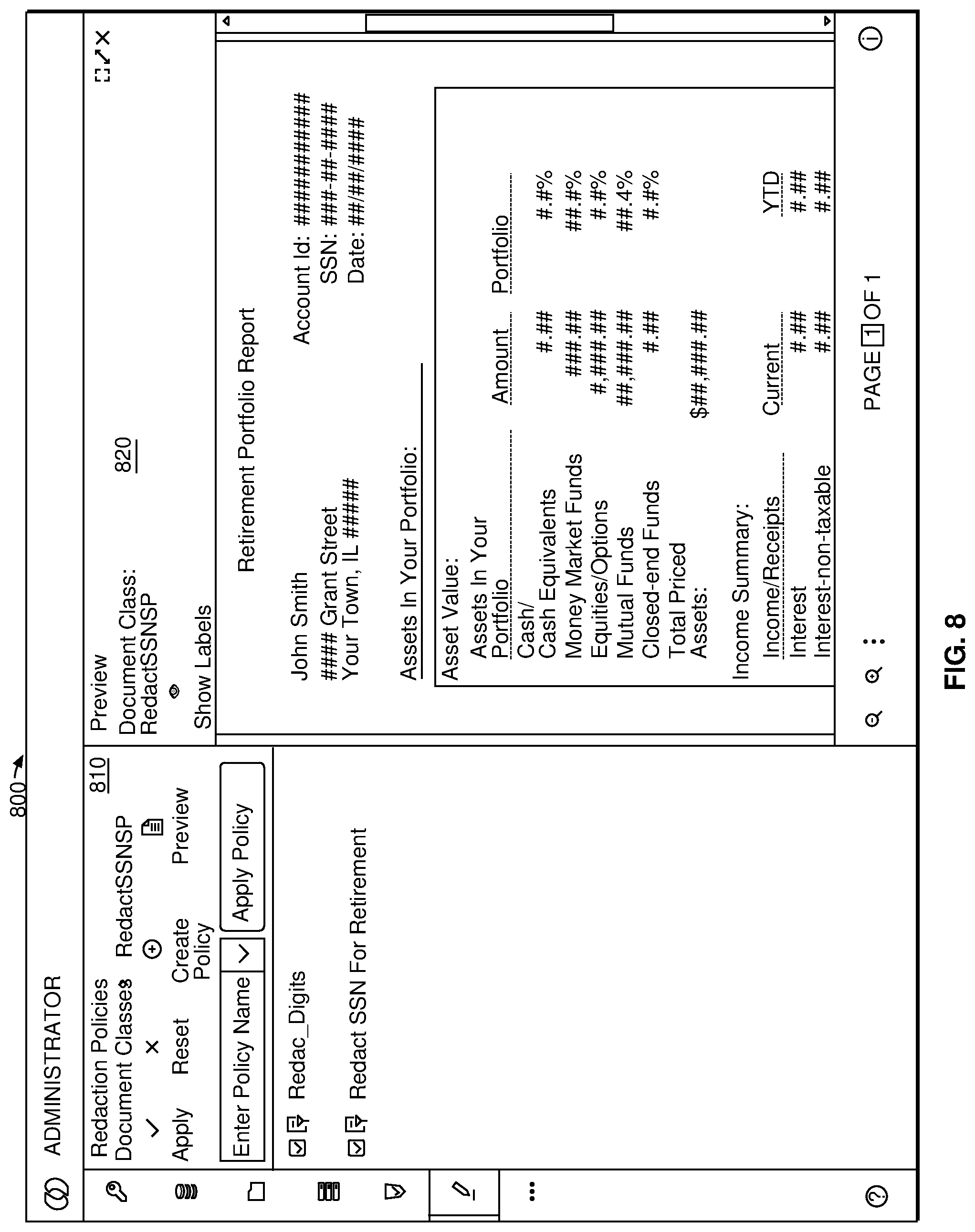 Patent US11775666 Figure 8 – Federated redaction of select content in documents stored across multiple repositories