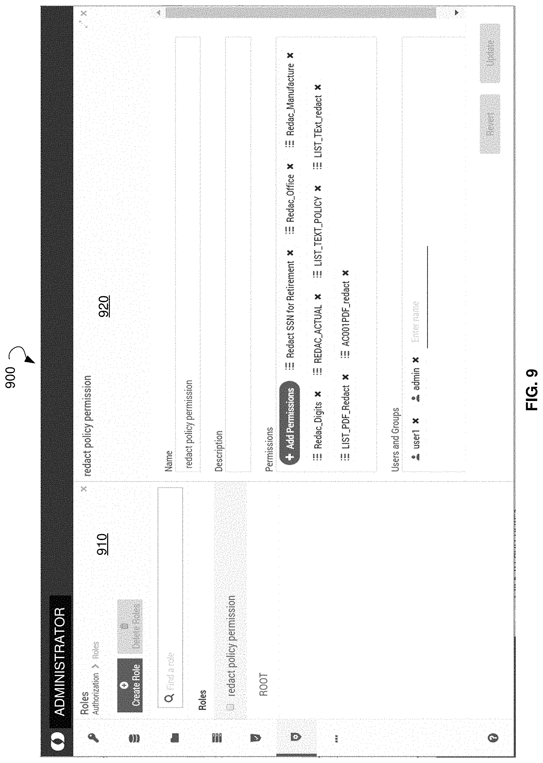 Patent US11775666 Figure 9 – Federated redaction of select content in documents stored across multiple repositories