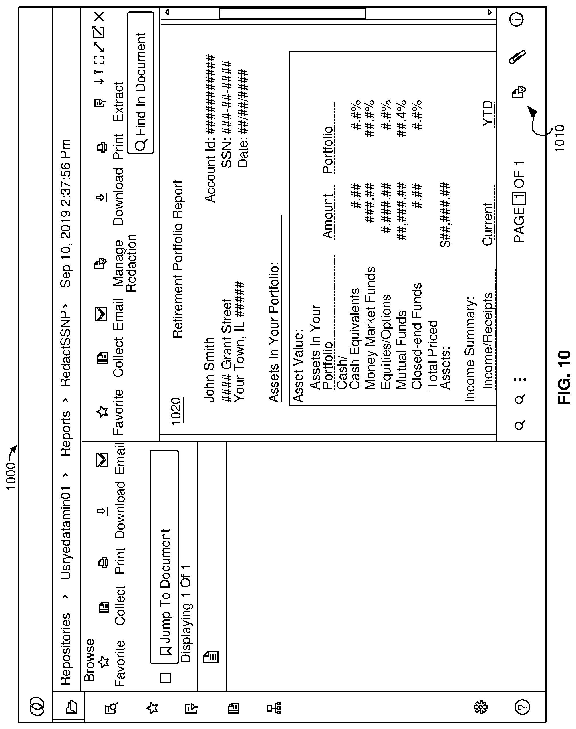 Patent US11775666 Figure 10 – Federated redaction of select content in documents stored across multiple repositories