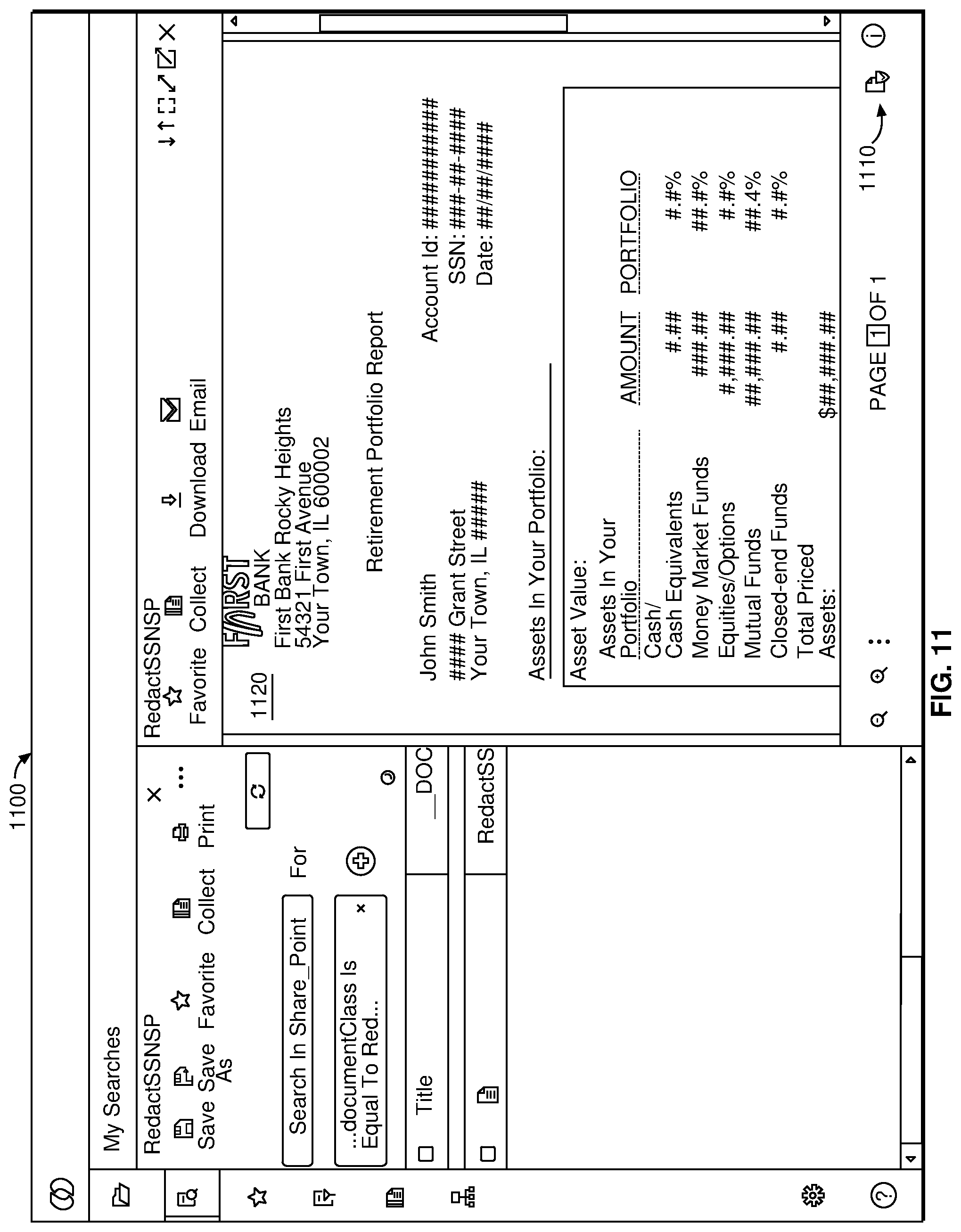 Patent US11775666 Figure 11 – Federated redaction of select content in documents stored across multiple repositories