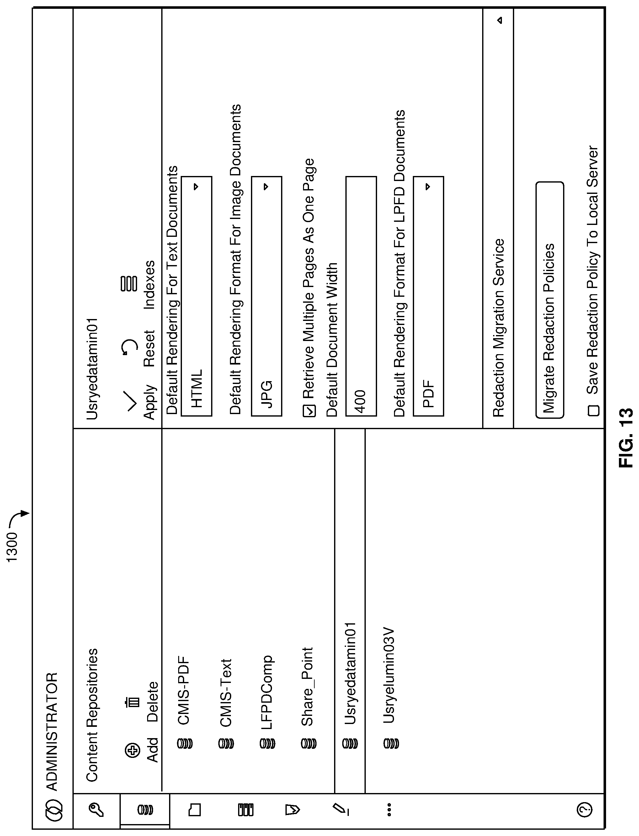 Patent US11775666 Figure 13 – Federated redaction of select content in documents stored across multiple repositories