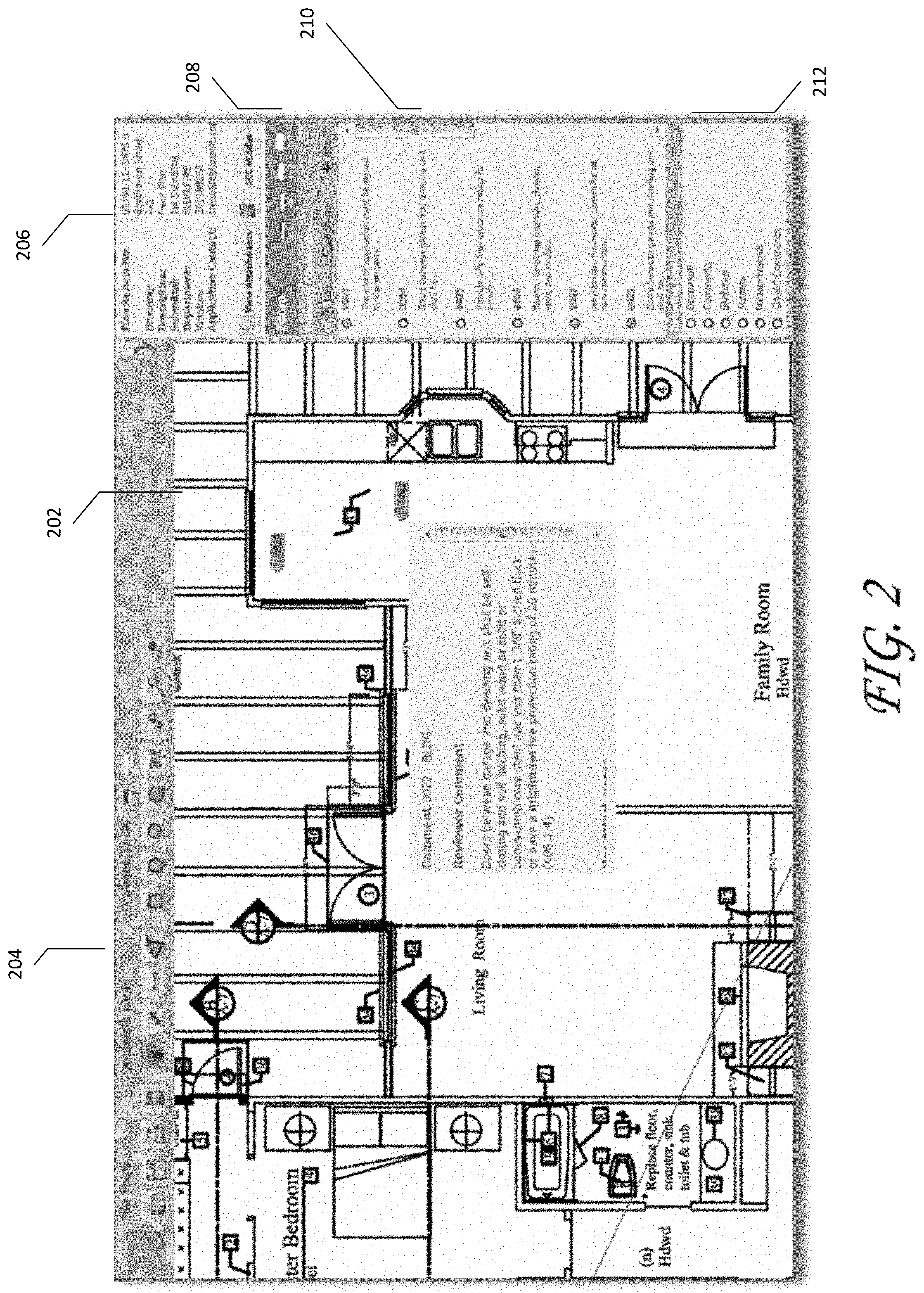 Patent US11775750 Figure 2 – Management of building plan documents utilizing comments and a correction list