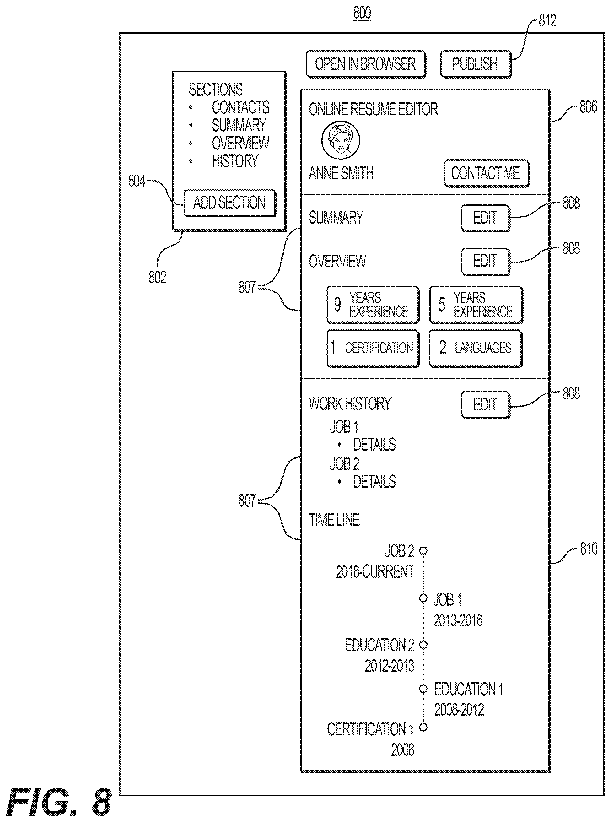 Patent US11775754 Figure 8 – Systems and methods for improved user-reviewer interaction using enhanced electronic documents linked to online documents