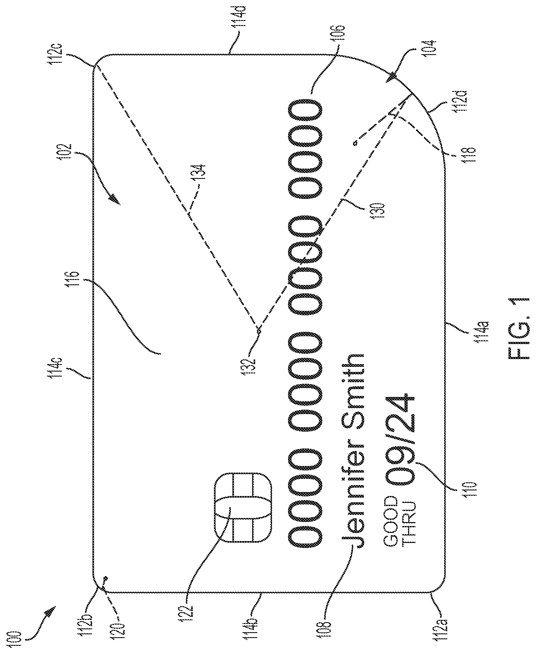 Patent US11775793 Figure 1 – Accessible card with curved tactile feature
