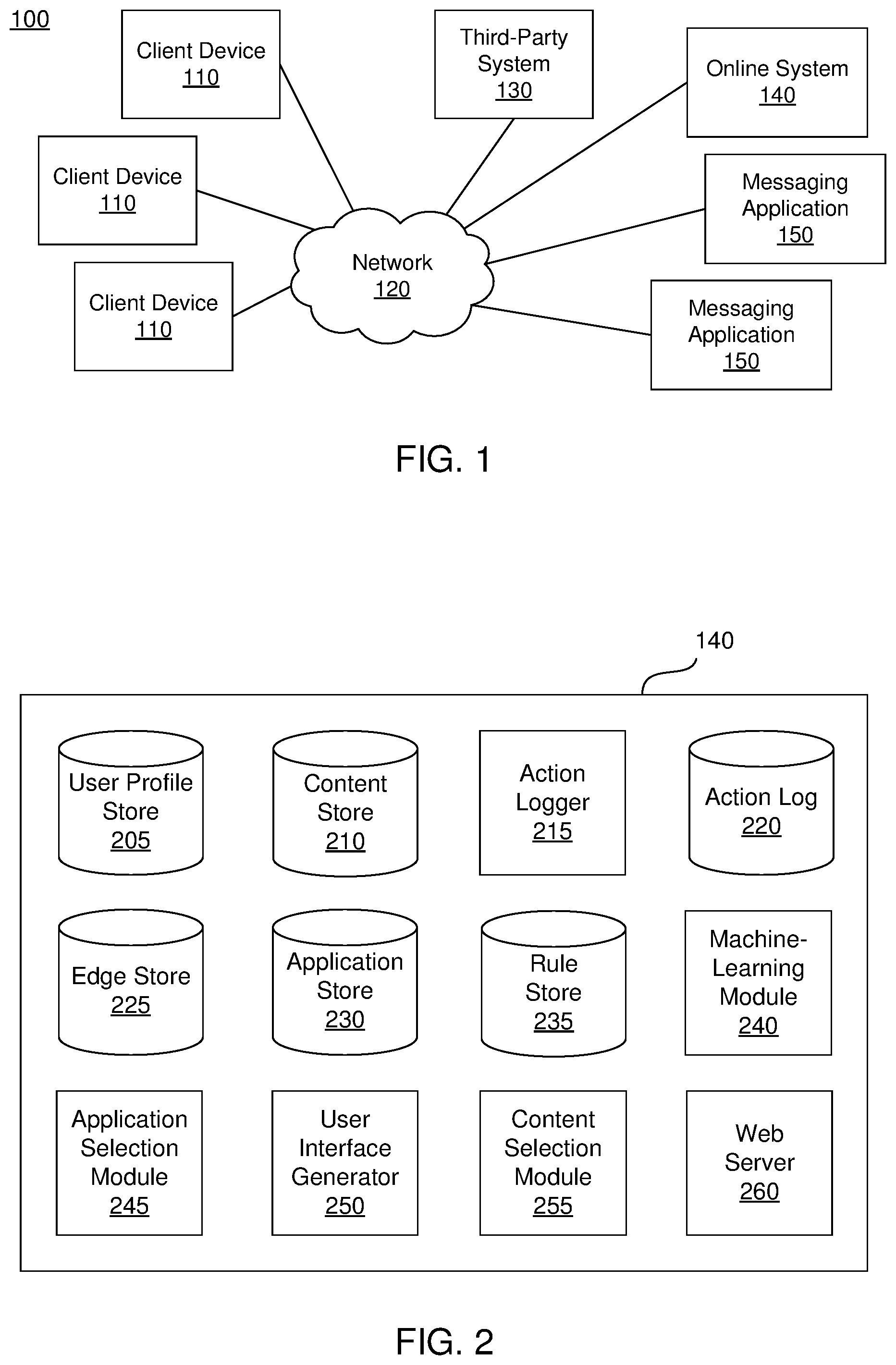 Patent US11775861 Figure 1 – Selecting a messaging application from multiple messaging applications eligible to be a destination of a link included in a content item presented to an online system user