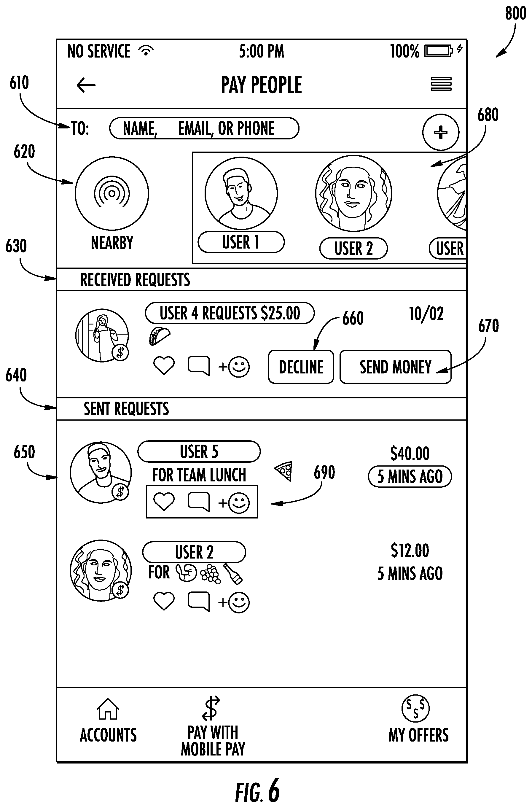 Patent US11775955 Figure 6 – Systems and methods for making person-to-person payments via mobile client application