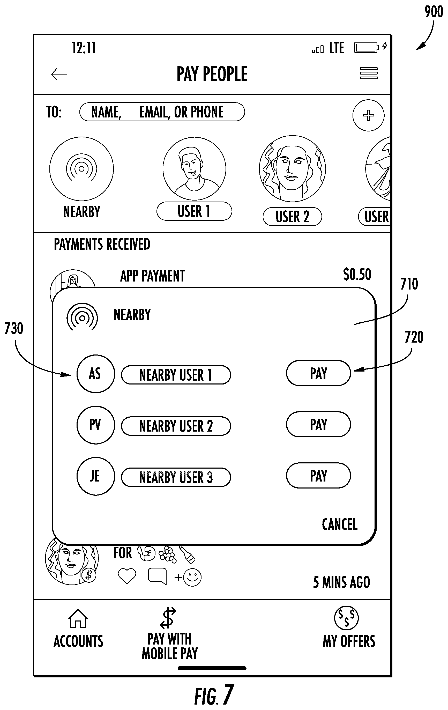Patent US11775955 Figure 7 – Systems and methods for making person-to-person payments via mobile client application