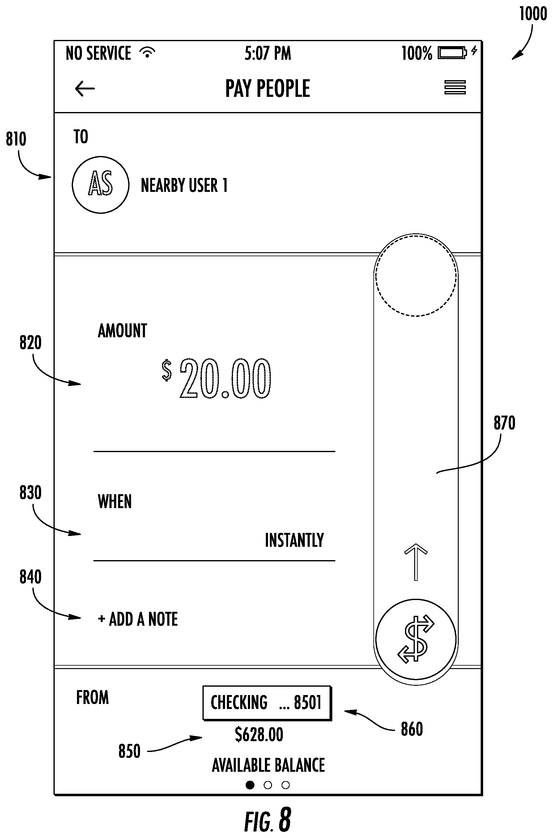 Patent US11775955 Figure 8 – Systems and methods for making person-to-person payments via mobile client application