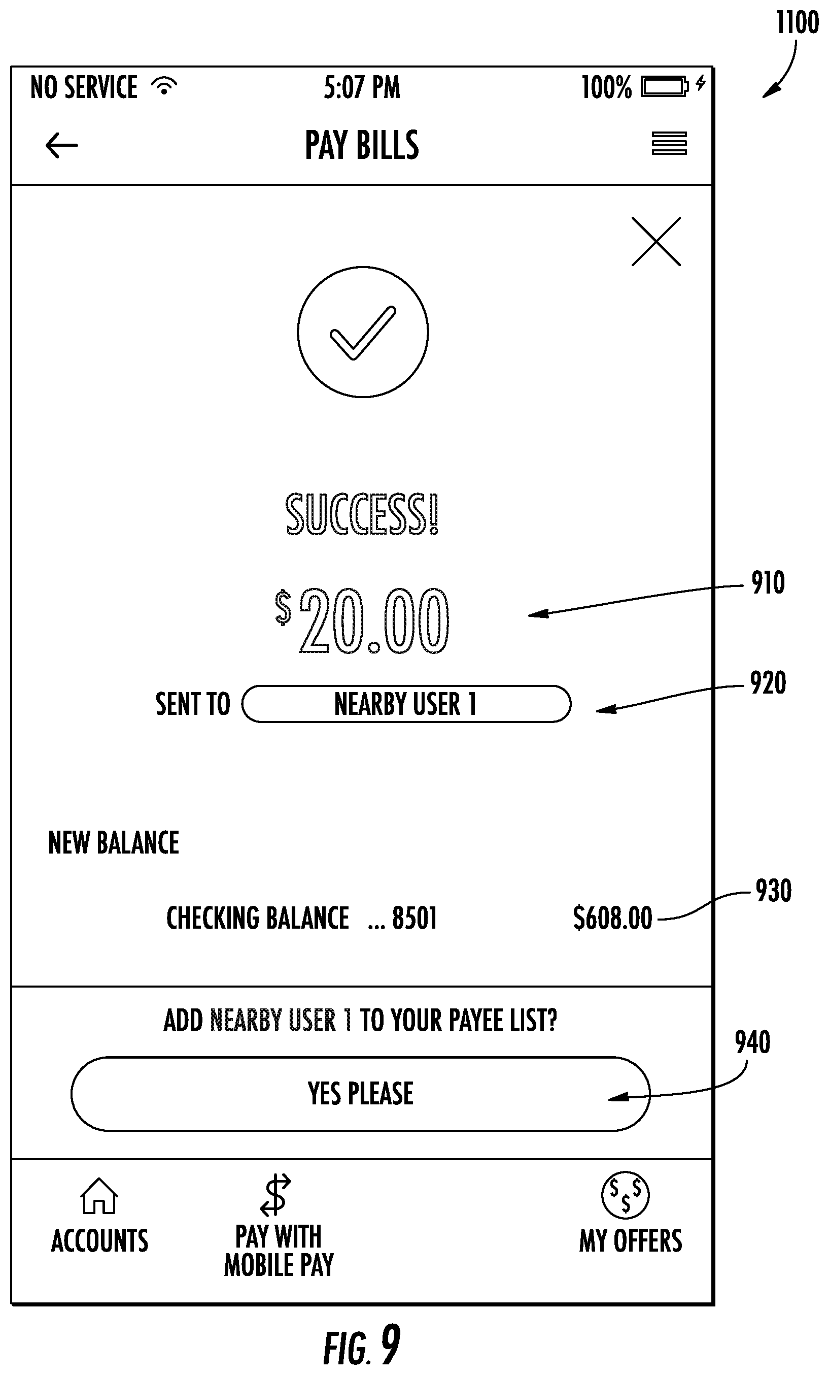 Patent US11775955 Figure 9 – Systems and methods for making person-to-person payments via mobile client application
