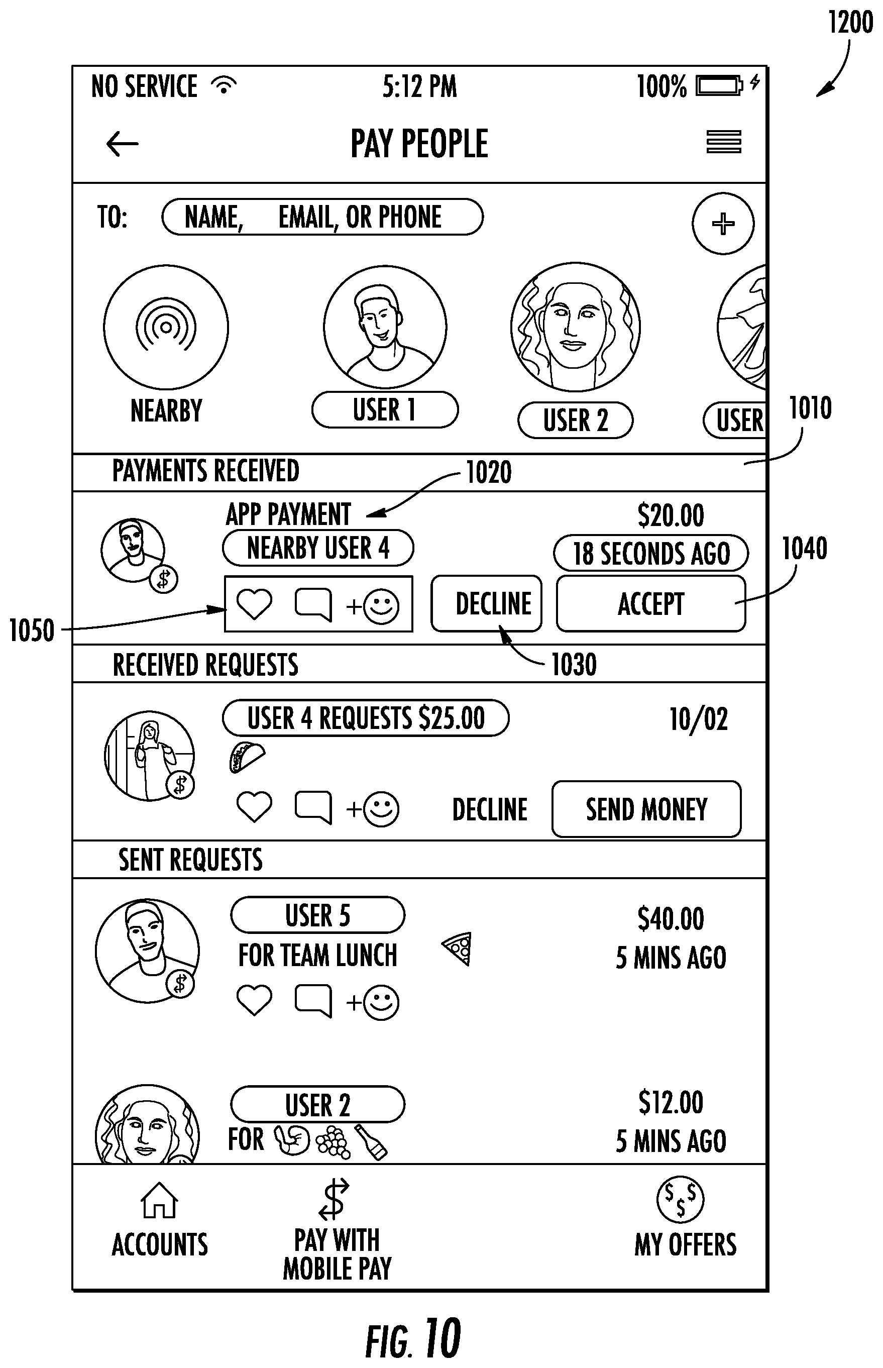 Patent US11775955 Figure 10 – Systems and methods for making person-to-person payments via mobile client application