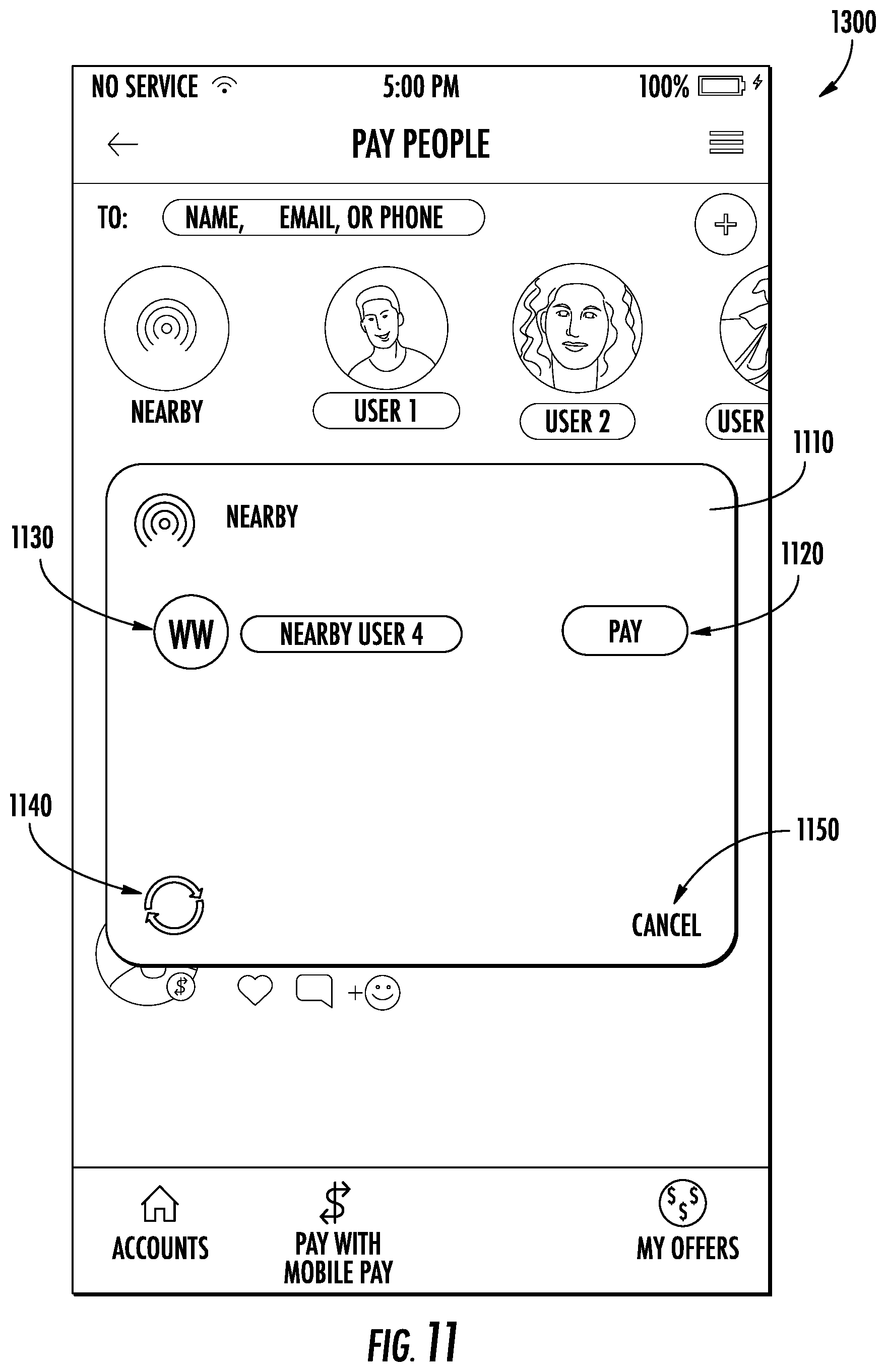 Patent US11775955 Figure 11 – Systems and methods for making person-to-person payments via mobile client application