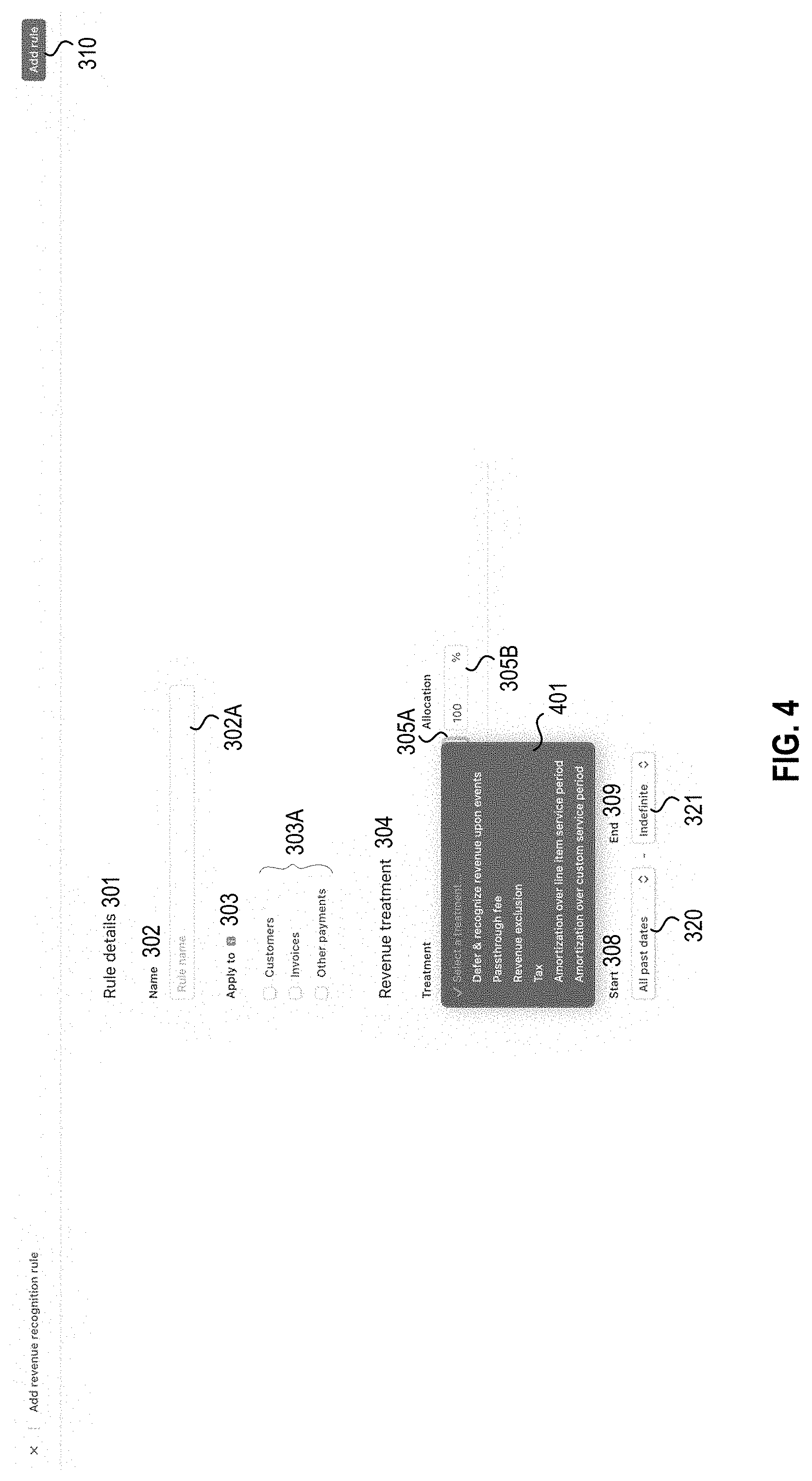 Patent US11776066 Figure 4 – Systems, methods, and apparatuses for implementing user customizable policies for revenue recognition