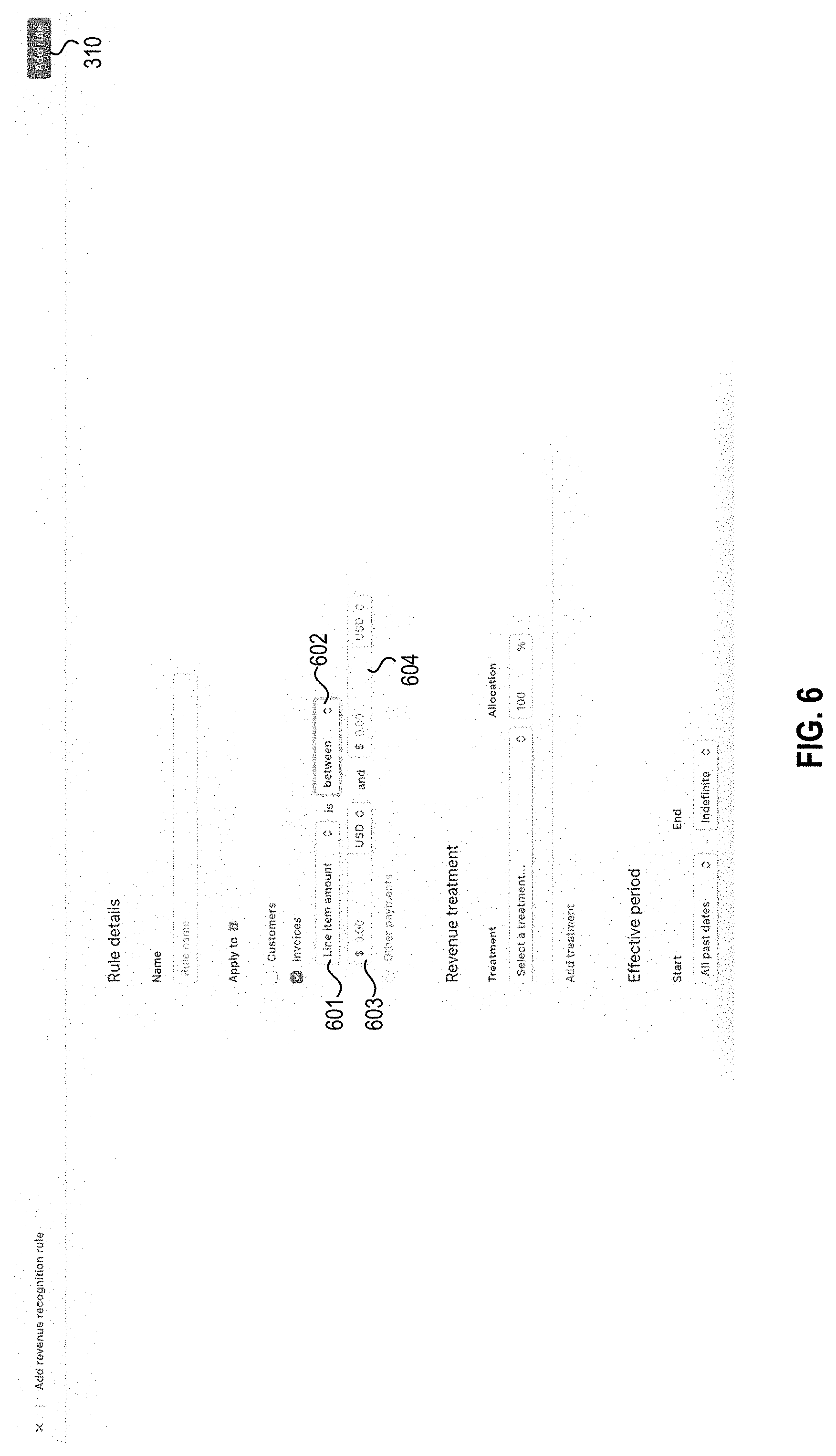 Patent US11776066 Figure 6 – Systems, methods, and apparatuses for implementing user customizable policies for revenue recognition