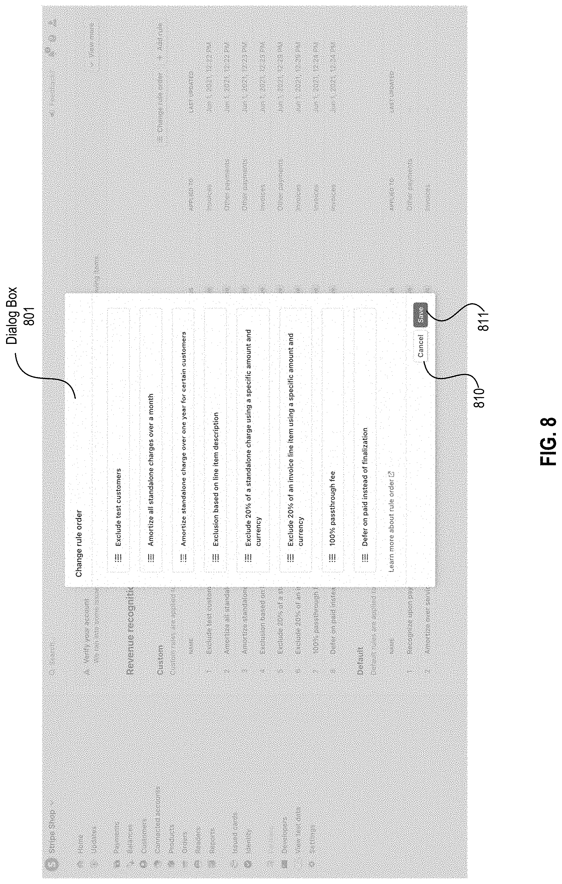 Patent US11776066 Figure 8 – Systems, methods, and apparatuses for implementing user customizable policies for revenue recognition