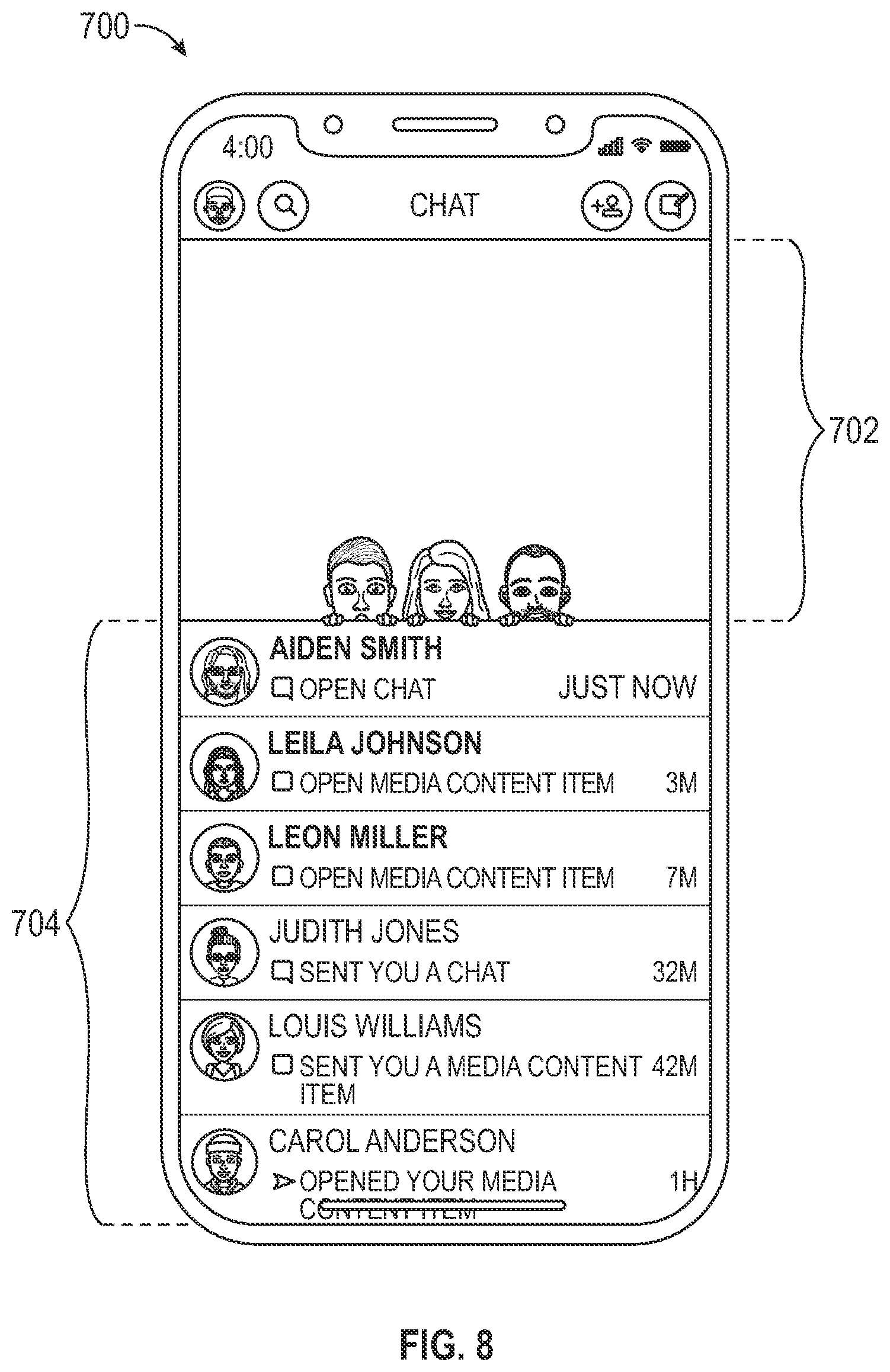 Patent US11776194 Figure 8 – Animated pull-to-refresh