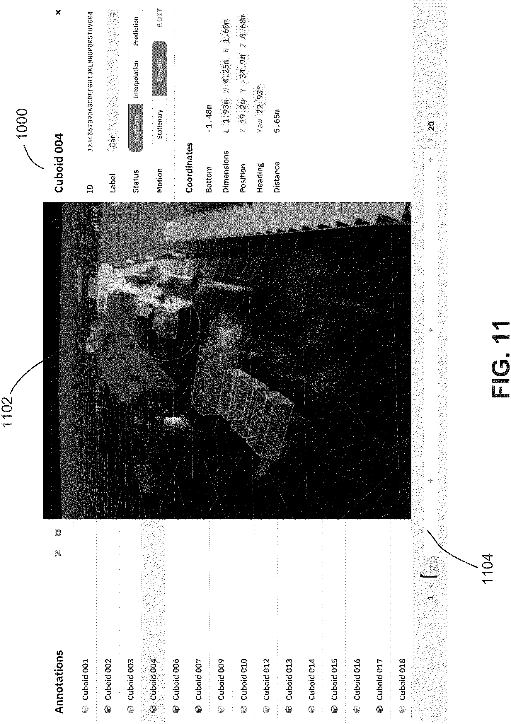 Patent US11776215 Figure 11 – Pre-labeling data with cuboid annotations