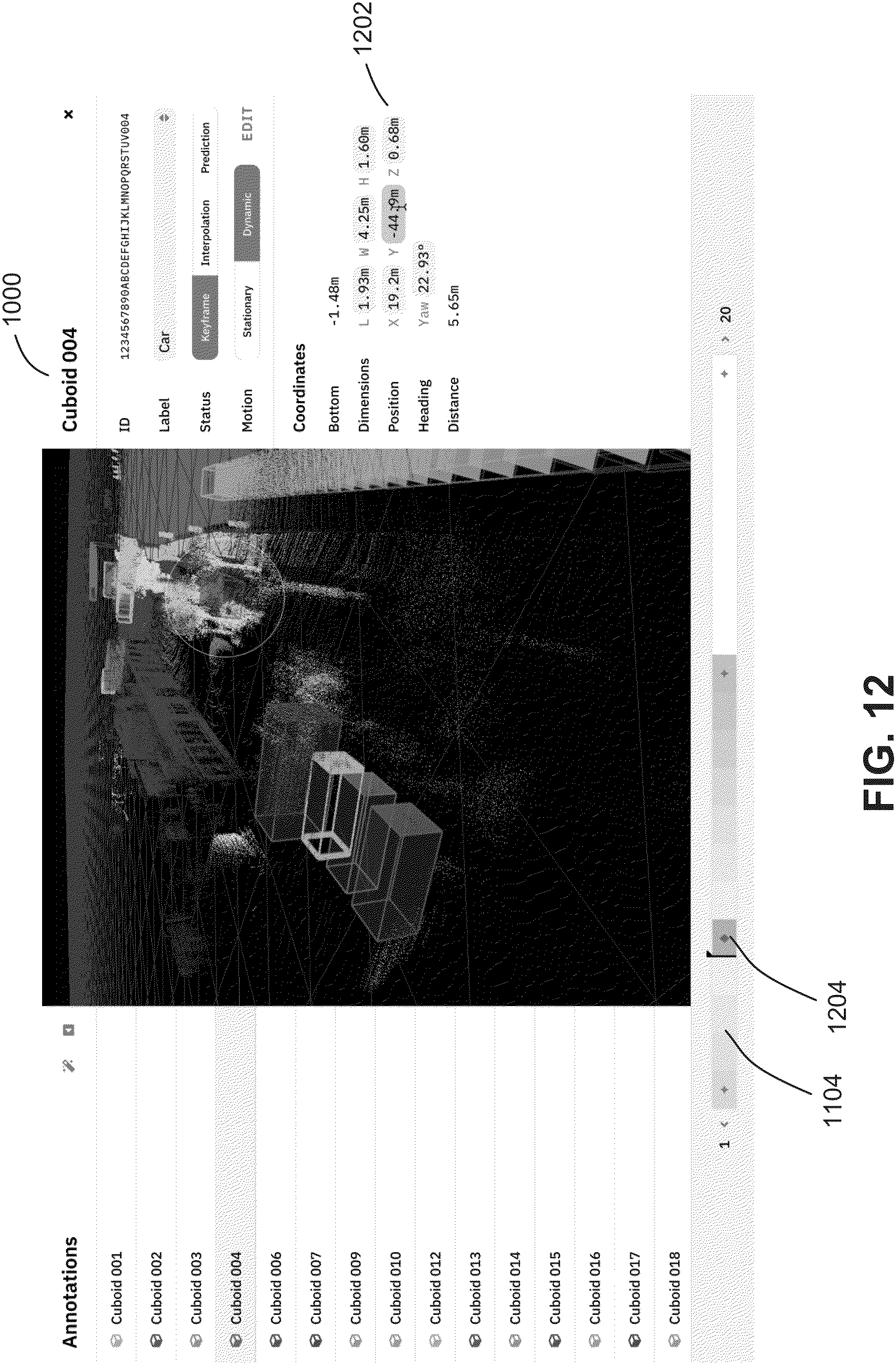 Patent US11776215 Figure 12 – Pre-labeling data with cuboid annotations