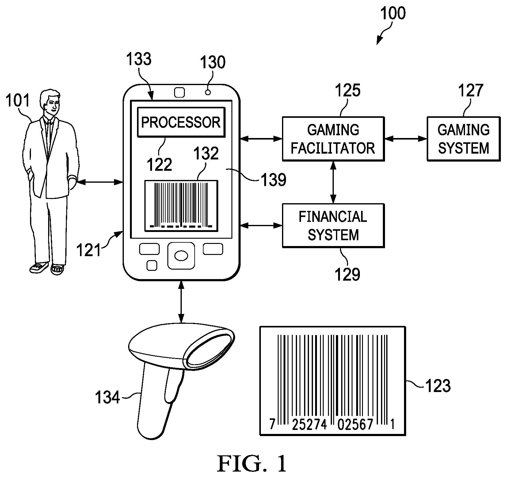 Patent US11776355 Figure 1 – Processing of a game-playing transaction based on location