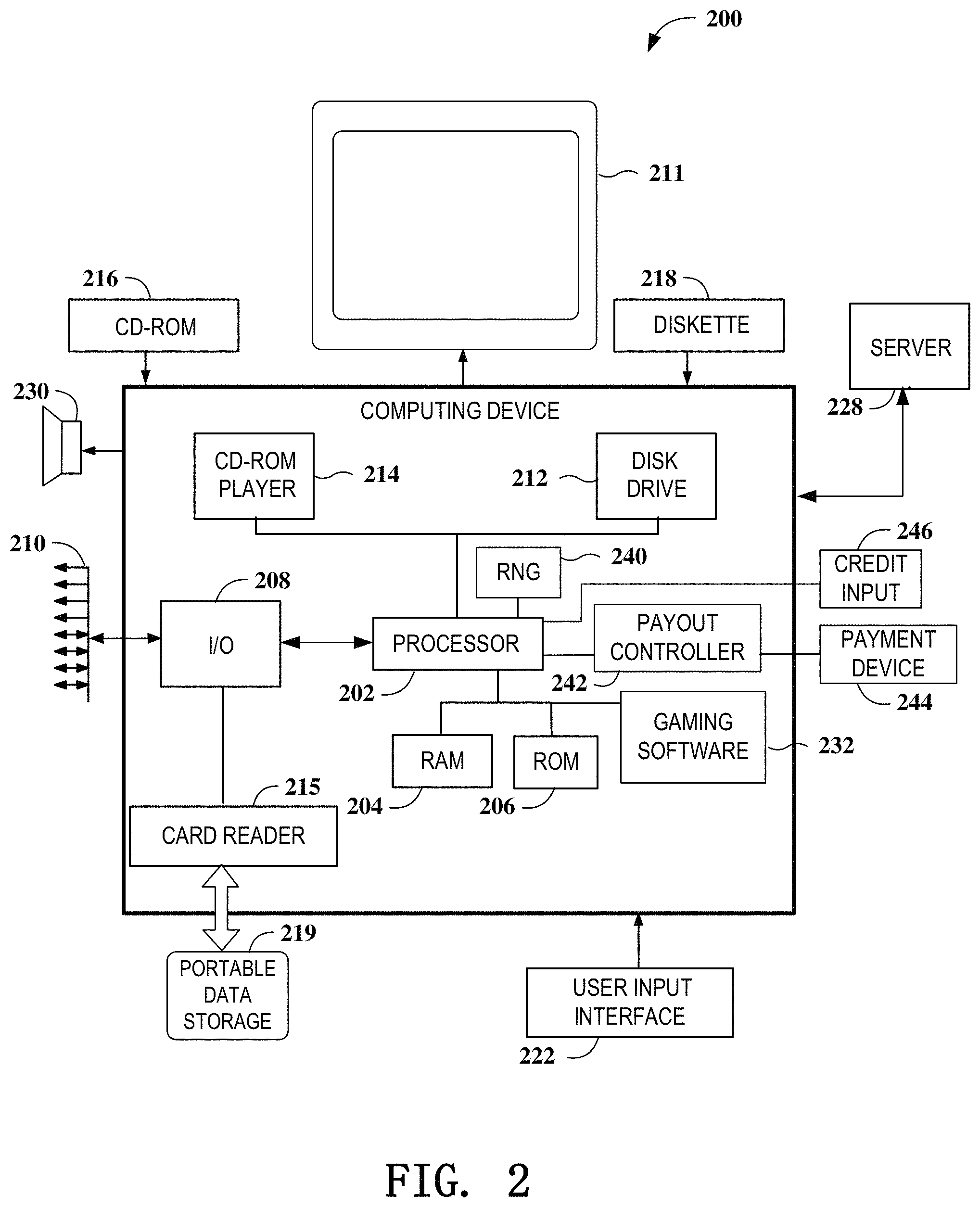 Patent US11776359 Figure 2 – Gaming devices and methods for enhancing future gaming events