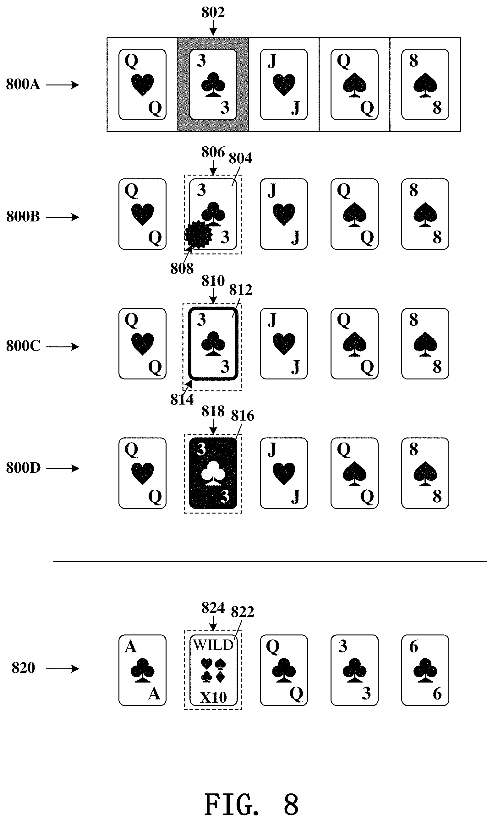 Patent US11776359 Figure 8 – Gaming devices and methods for enhancing future gaming events