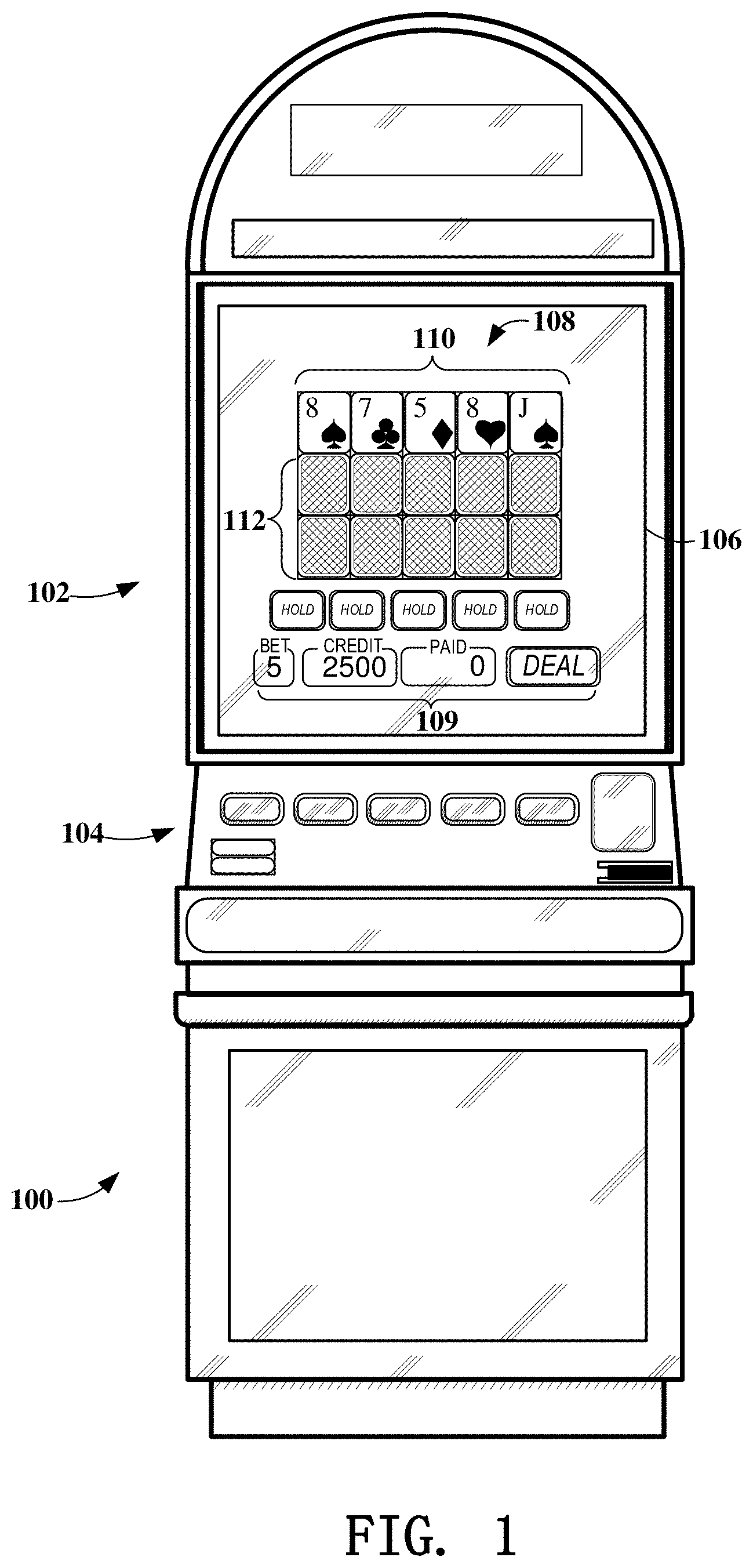 Patent US11776363 Figure 1 – Gaming devices and methods for enriching game play with migrating award enhancements