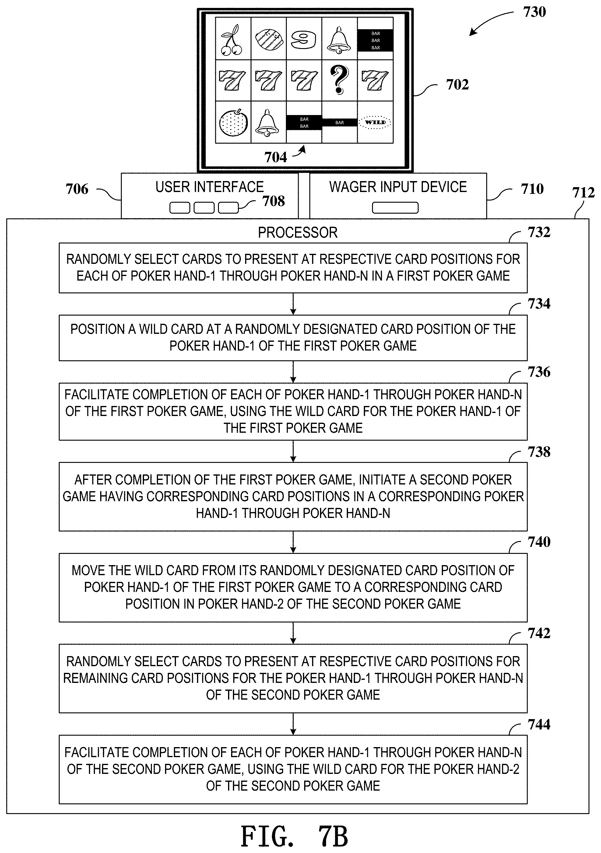 Patent US11776363 Figure 7 – Gaming devices and methods for enriching game play with migrating award enhancements