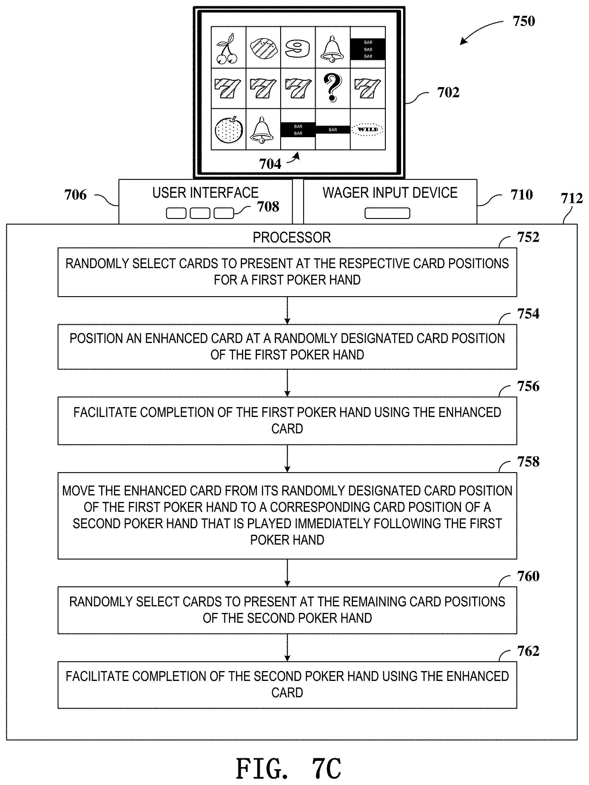 Patent US11776363 Figure 8 – Gaming devices and methods for enriching game play with migrating award enhancements