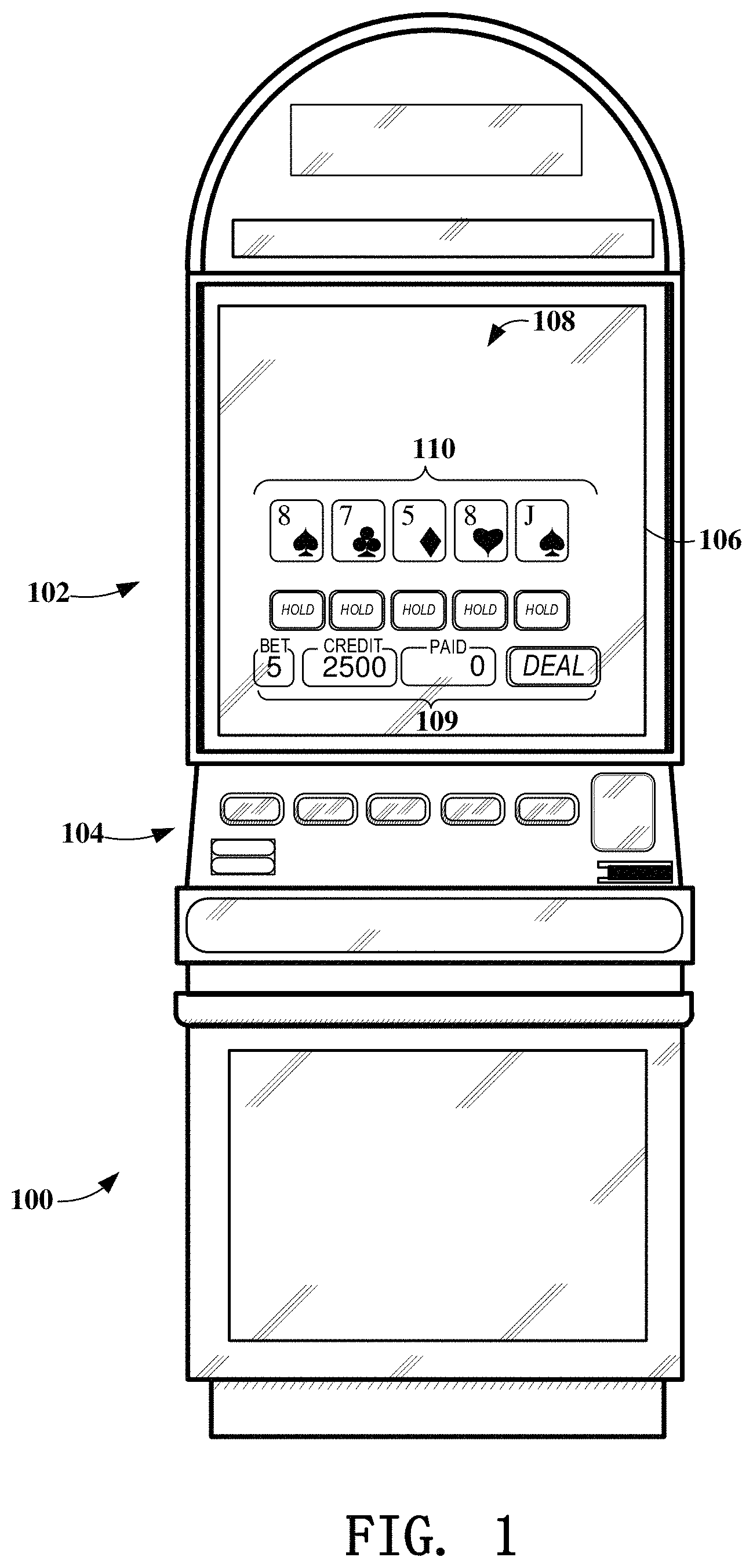 Patent US11776364 Figure 1 – Gaming device having poker lock and improve feature