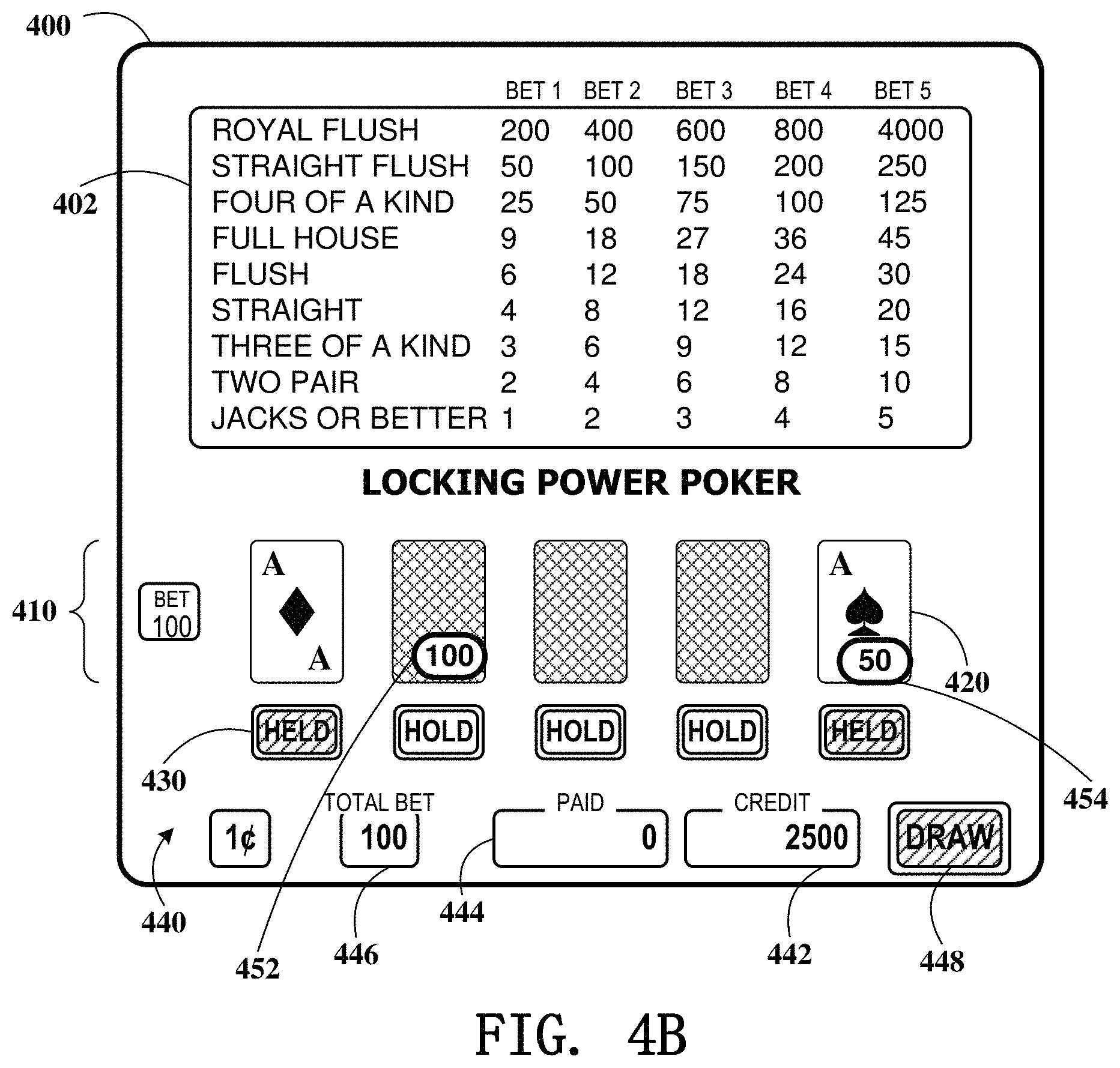 Patent US11776364 Figure 5 – Gaming device having poker lock and improve feature