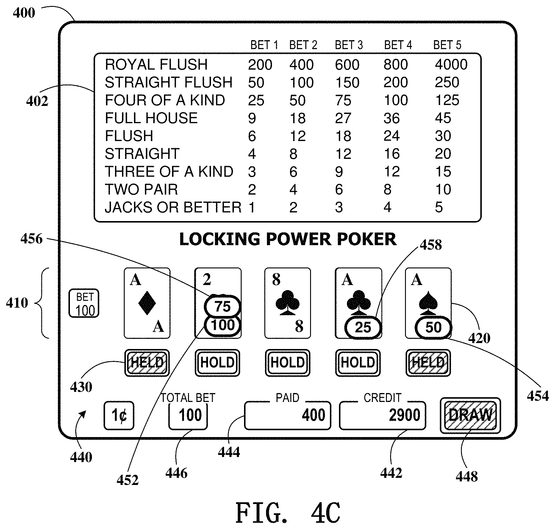 Patent US11776364 Figure 6 – Gaming device having poker lock and improve feature