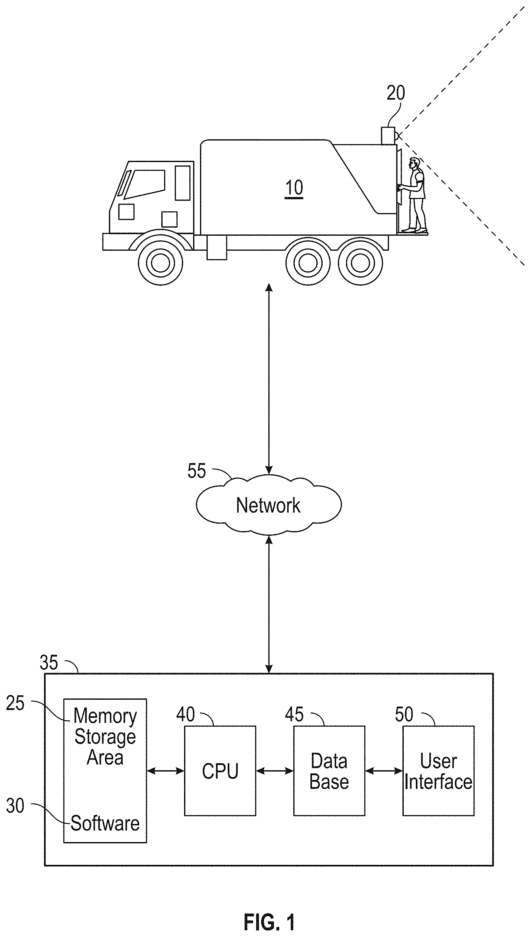 Patent US11776383 — System and method for oncoming vehicle detection and alerts for a waste collection vehicle — Figure 1