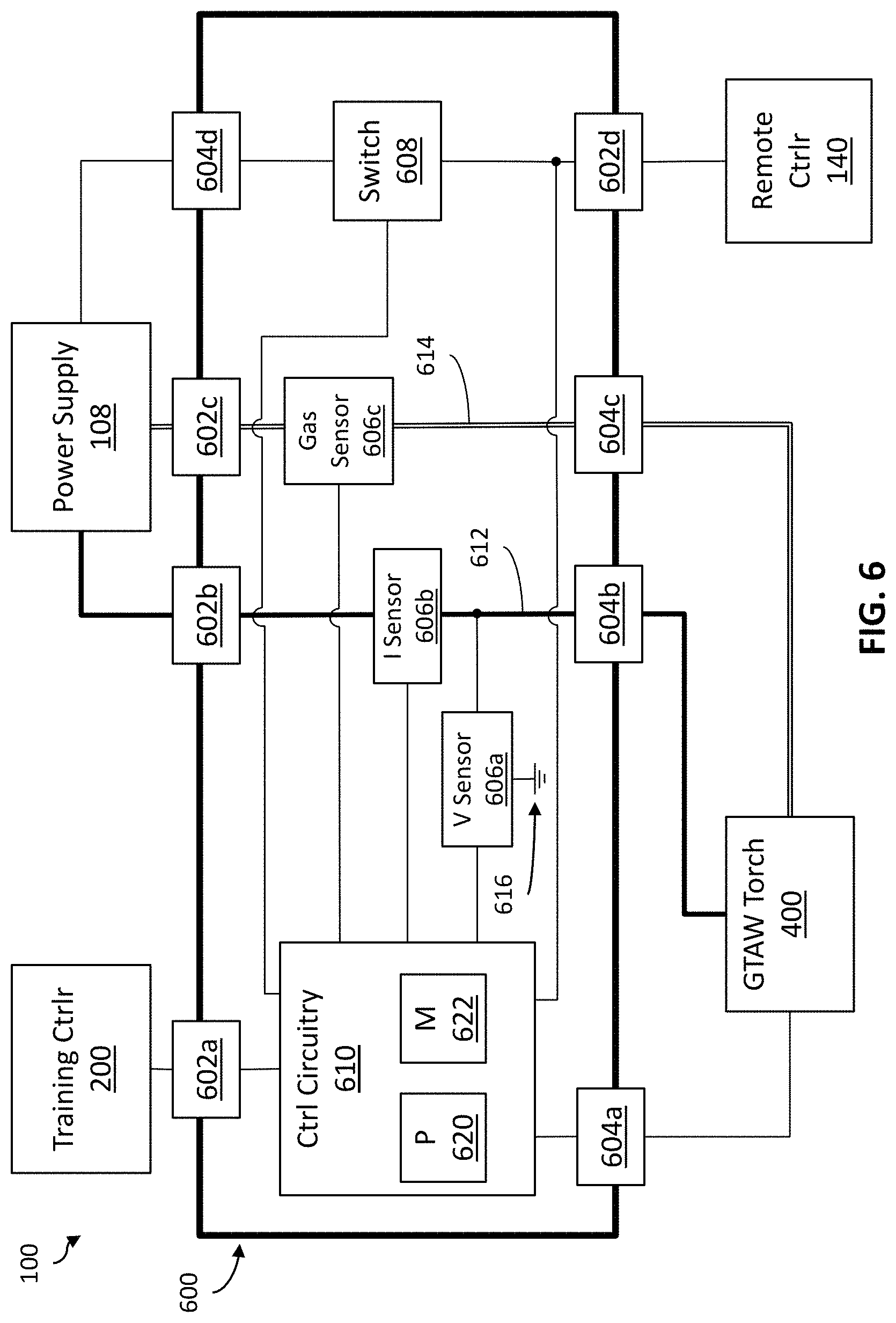Patent US11776423 Figure 6 – Connection boxes for gas tungsten arc welding training systems