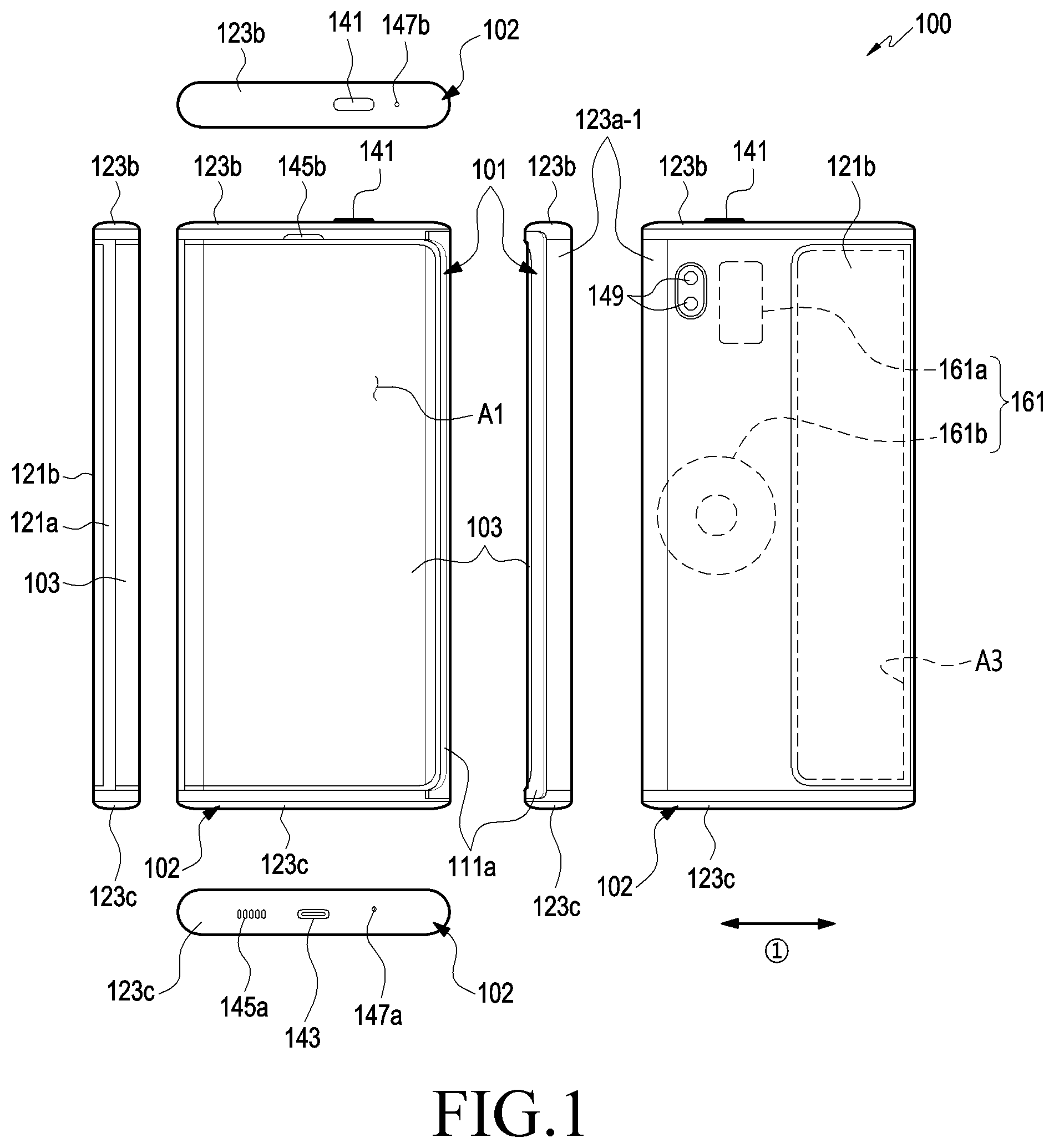 Patent US11776440 Figure 1 – Electronic device including flexible display and method of operating the same