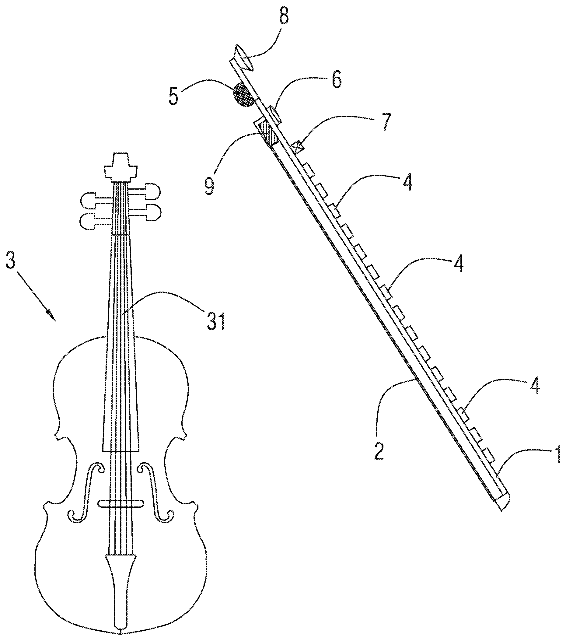 Patent US11776513 — Bow for a bowed string musical instrument — Figure 1