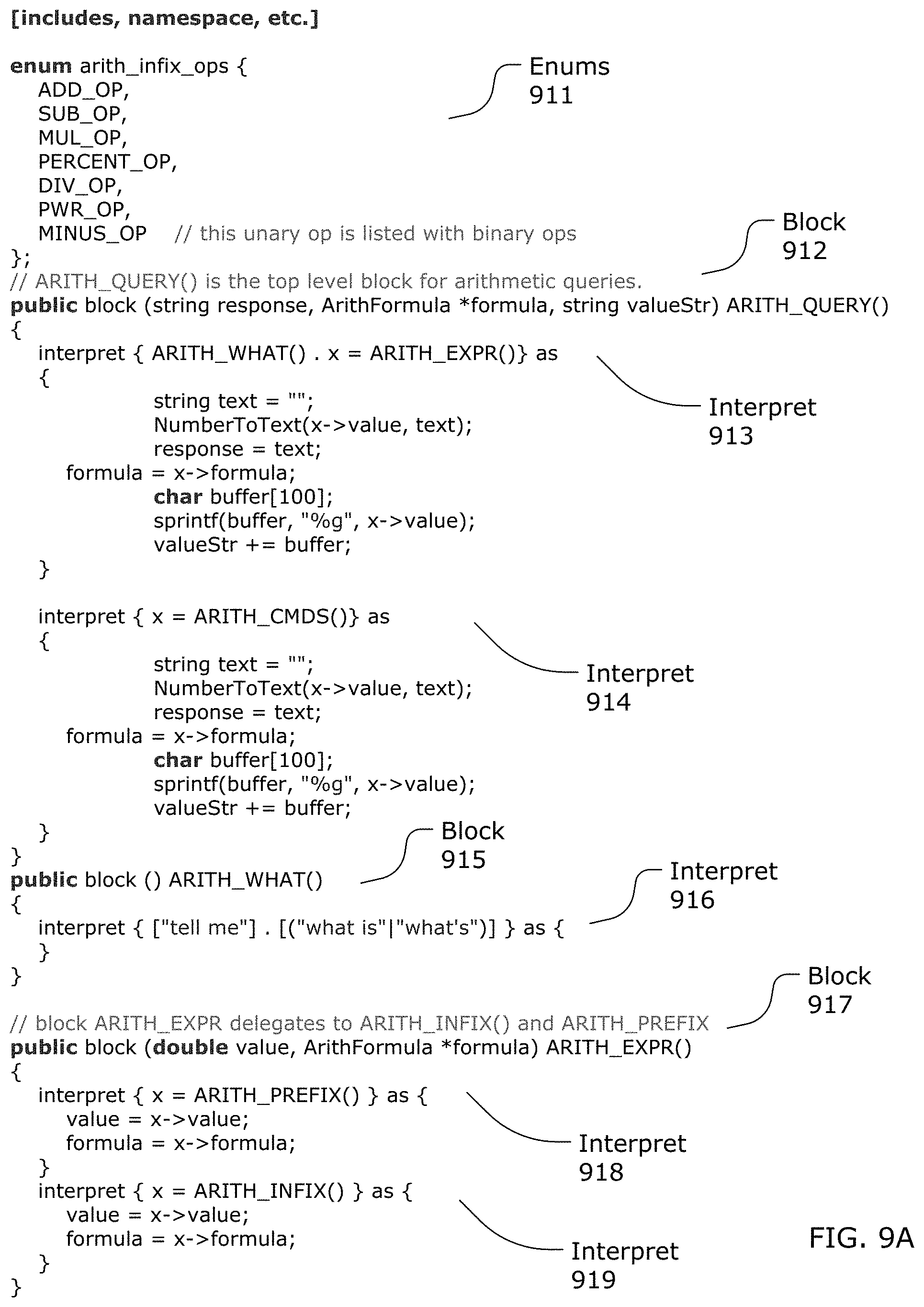Patent US11776533 Figure 7 – Building a natural language understanding application using a received electronic record containing programming code including an interpret-block, an interpret-statement, a pattern expression and an action statement