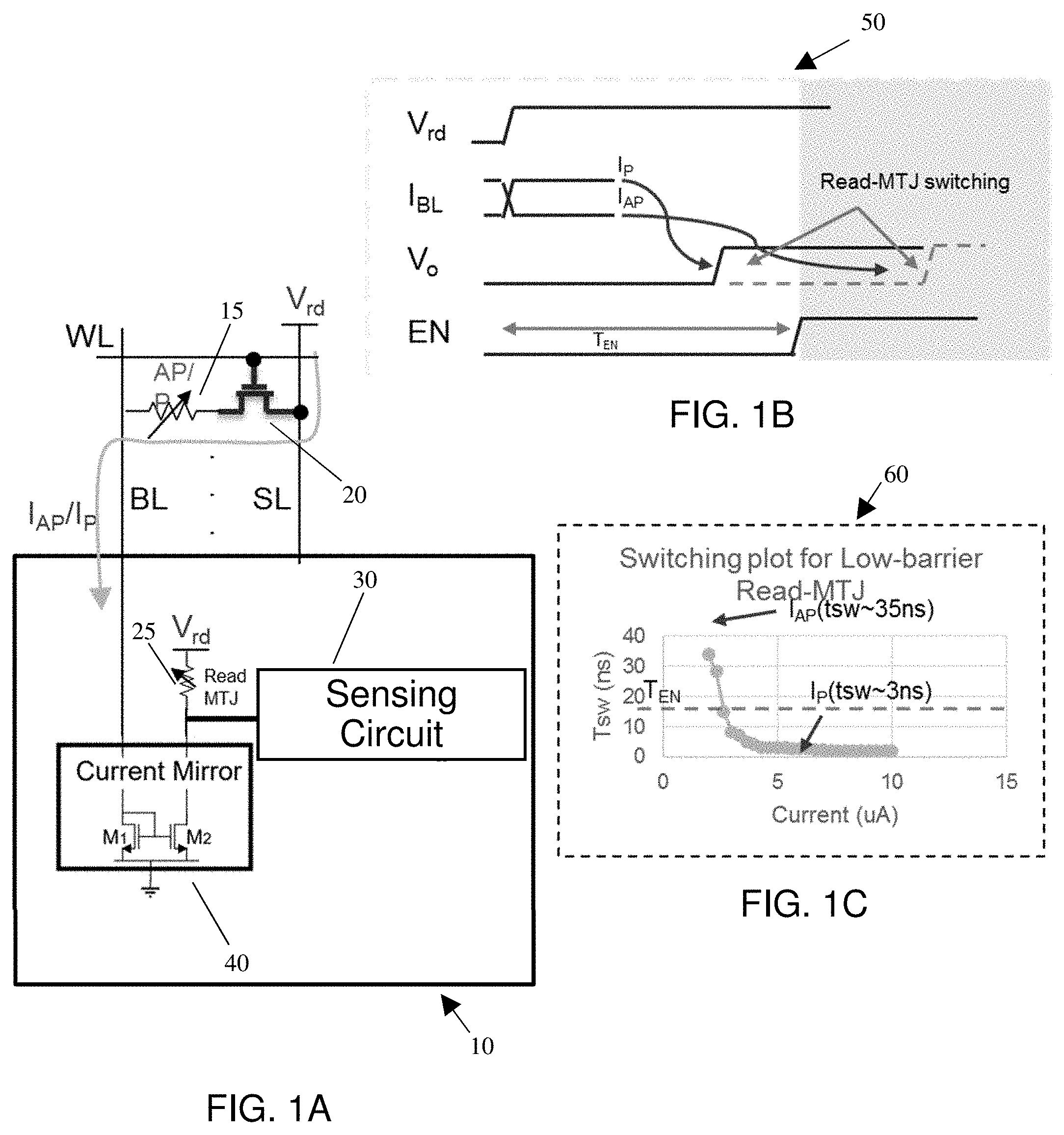 Patent US11776606 Figure 1 – Sensing scheme for STT-MRAM using low-barrier nanomagnets