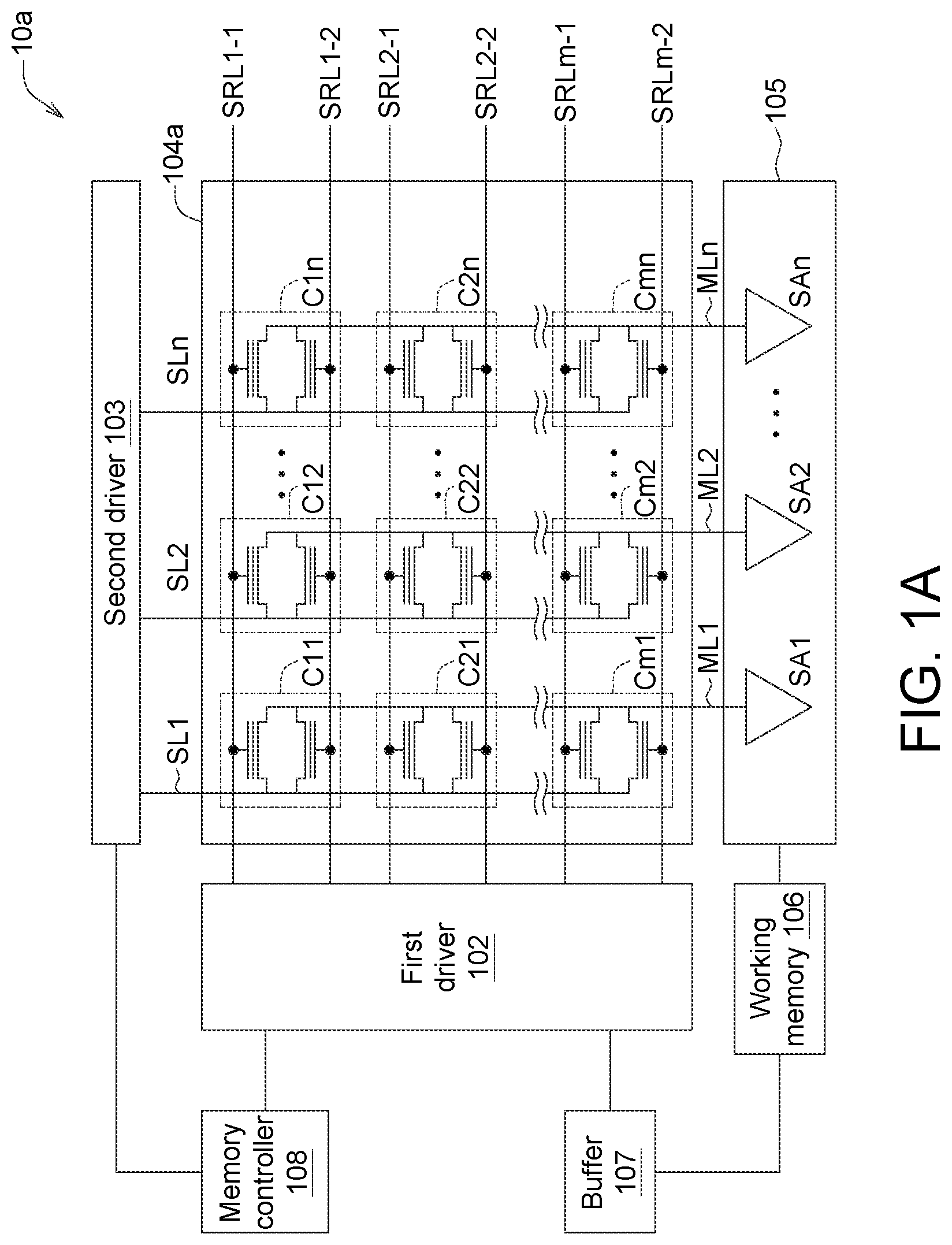 Patent US11776618 Figure 1 – Memory device with in-memory searching array and operation method thereof for implementing finite state machine