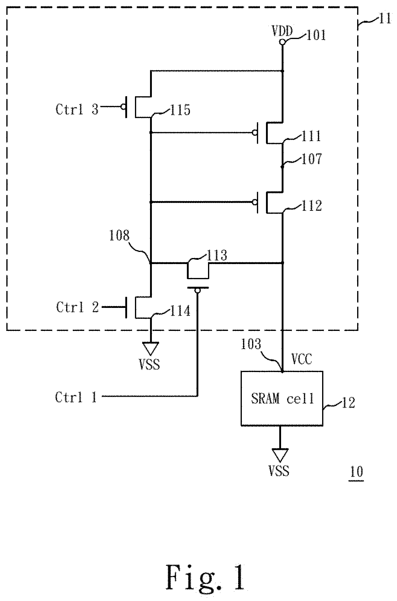 Patent US11776621 — Memory device for increasing write margin during write operation and reducing current leakage during standby operation and operation method thereof — Figure 1