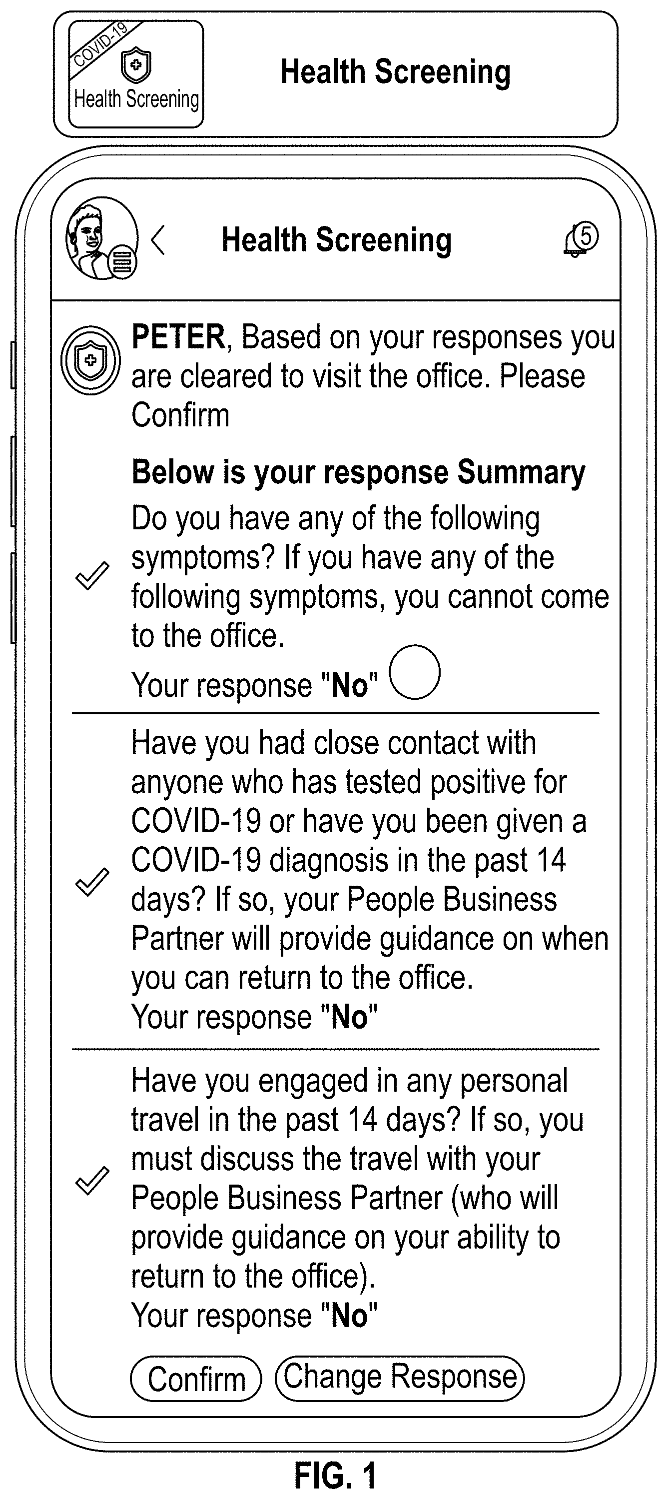 Patent US11776670 — System and method for facilitating employee health screening using an application on a mobile computing device — Figure 1